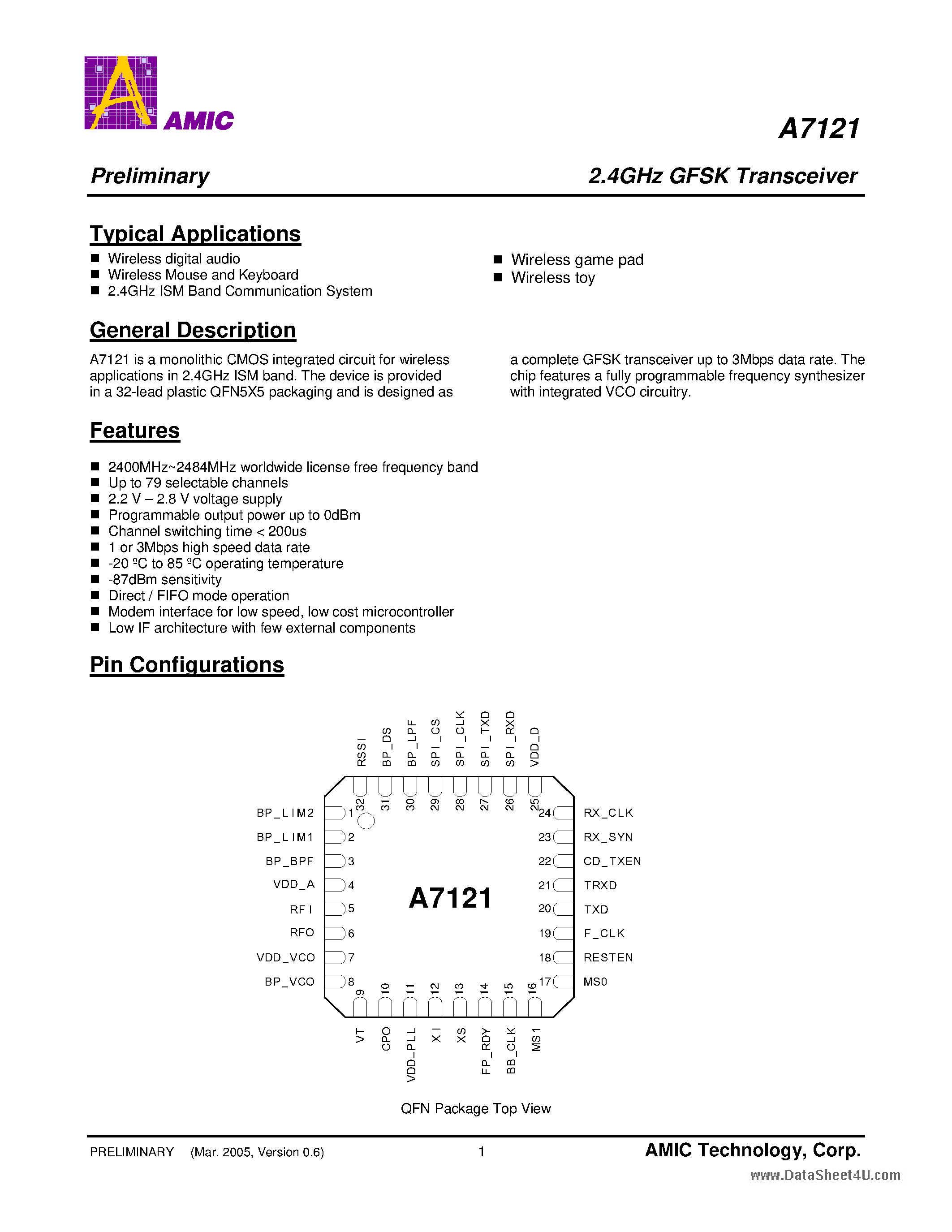Datasheet A7121 - 2.4GHz GFSK Transceiver page 1