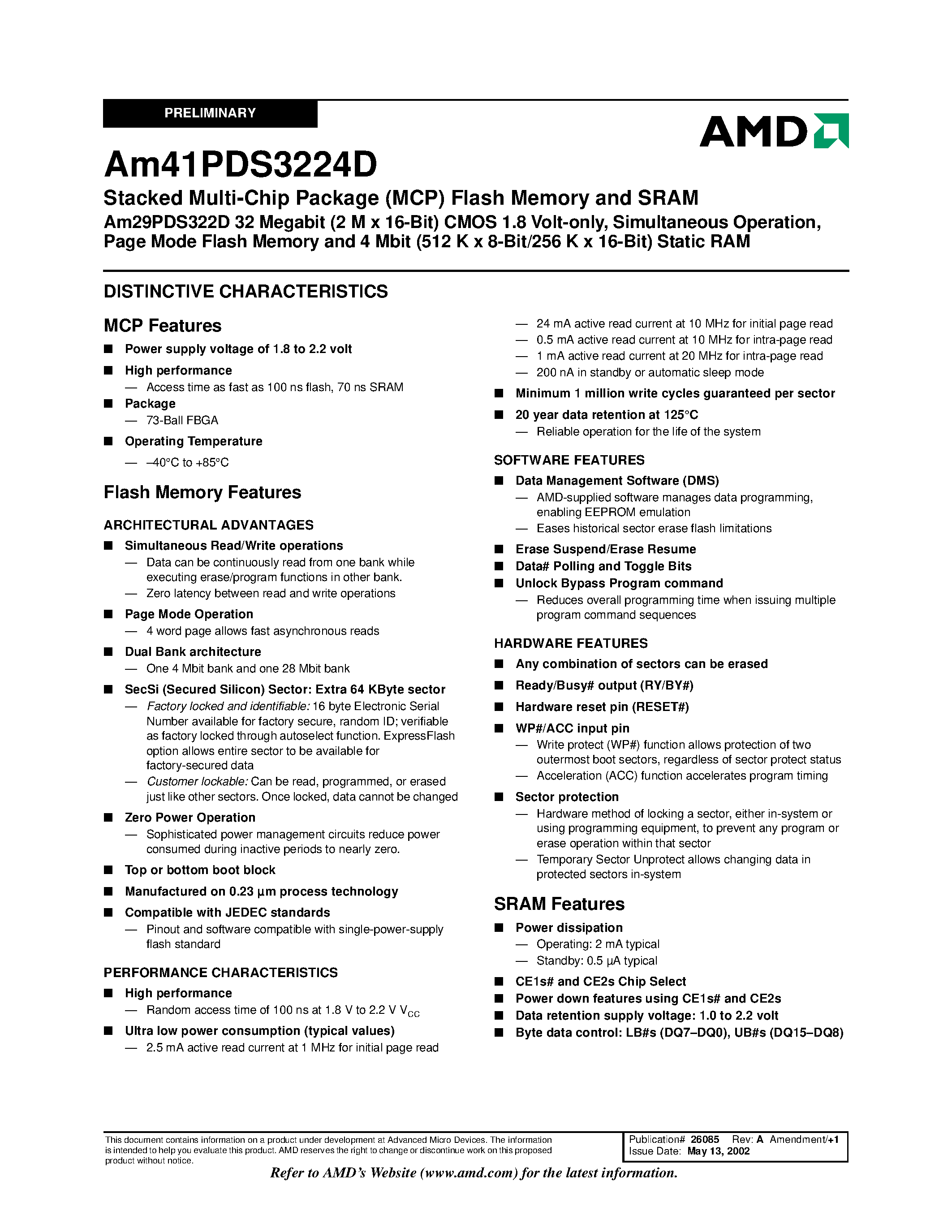 Datasheet AM41PDS3224D page 2 Datasheet AM41PDS3224D - Page Mode Flash Memory and 4 Mbit (512 K x 8-Bit/256 K x 16-Bit) Static RAM page 2