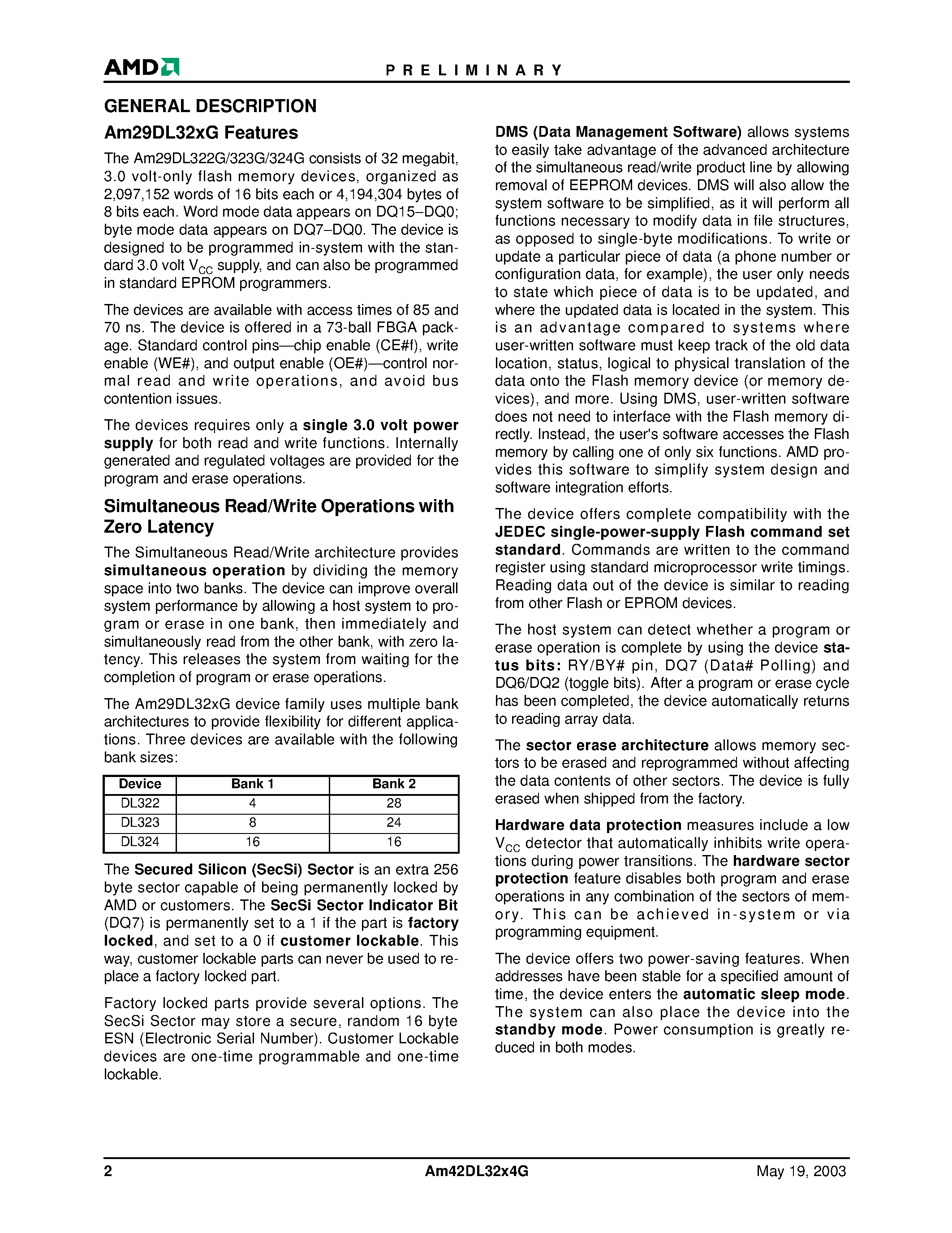 Datasheet AM42DL32X4G page 2 Datasheet AM42DL32X4G - Simultaneous Operation Flash Memory and 4 Mbit (256 K x 16-Bit) Static RAM page 2