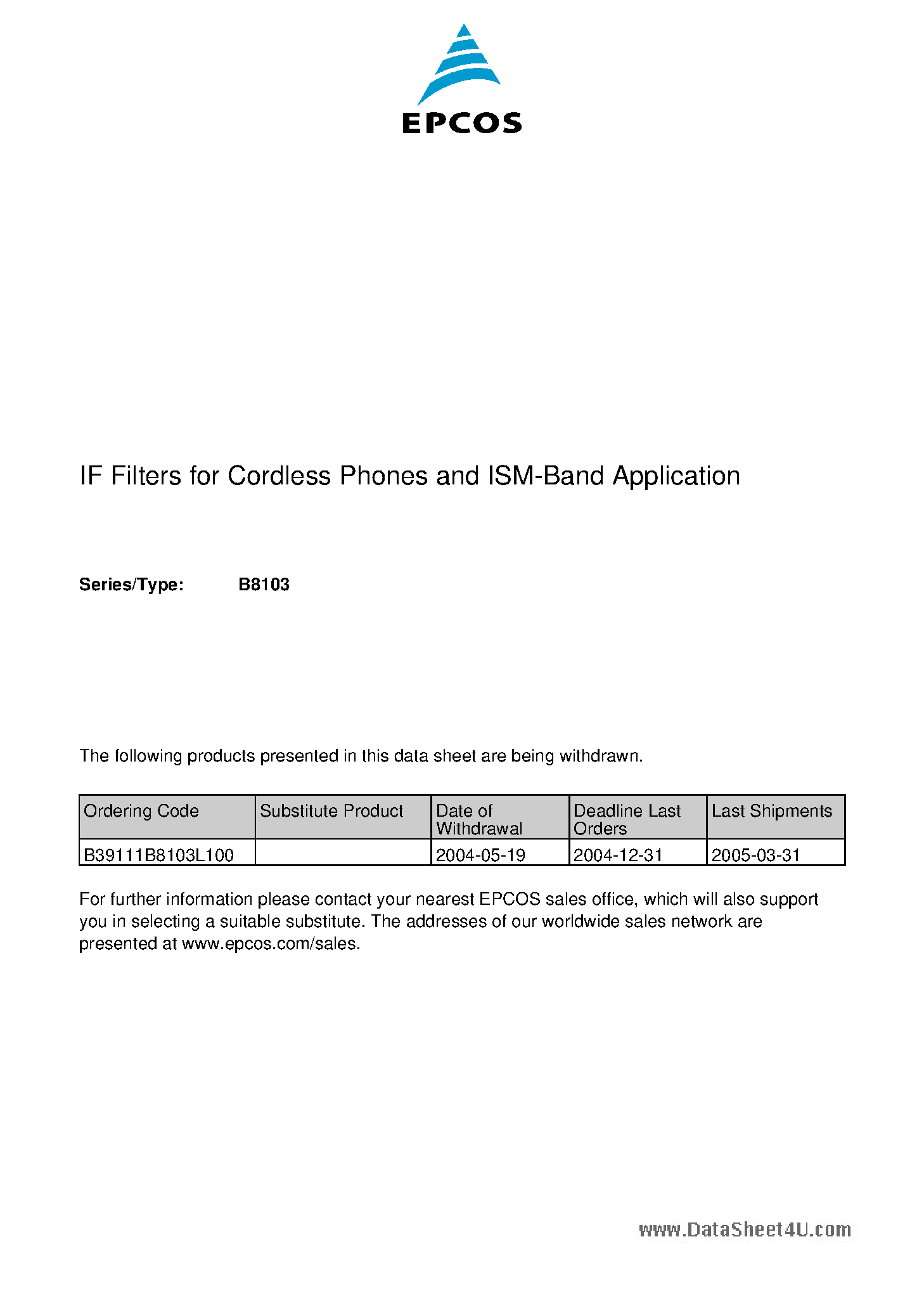 Datasheet B39111B8103L100 page 1 Datasheet B39111B8103L100 - IF Filters page 1