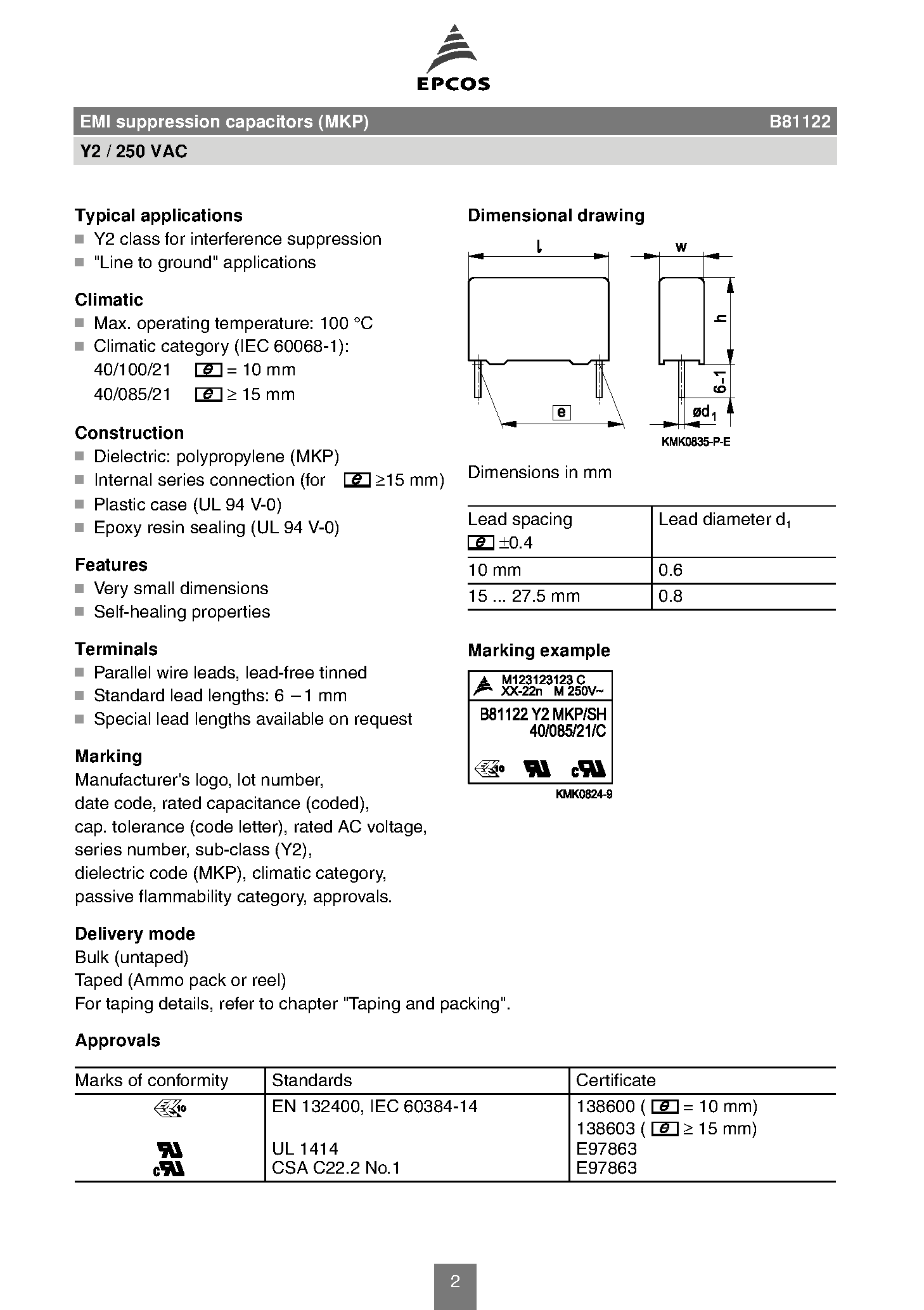 Datasheet B81122 - EMI suppression capacitors page 2