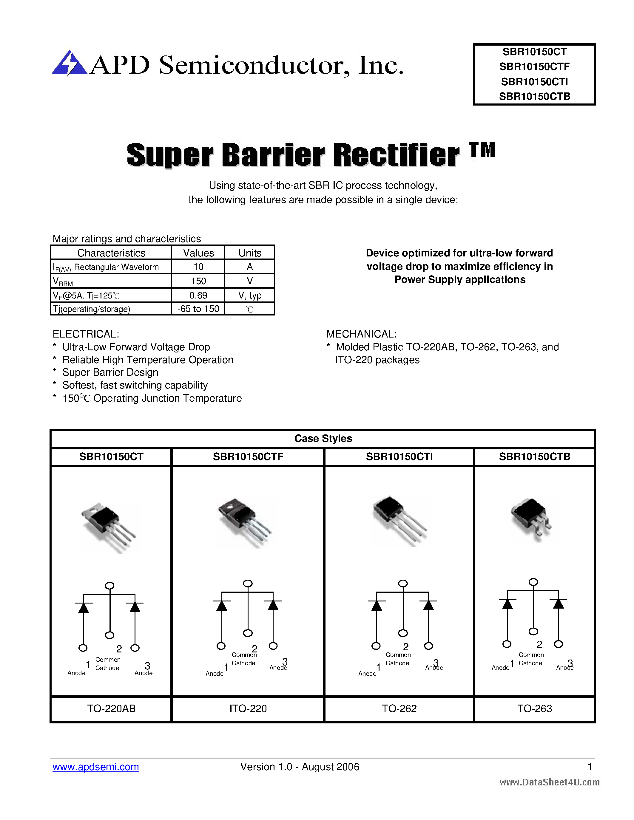 Datasheet SBR10150CT page 1 Datasheet SBR10150CT - (SBR10150xxx) Super barrier rectifier page 1