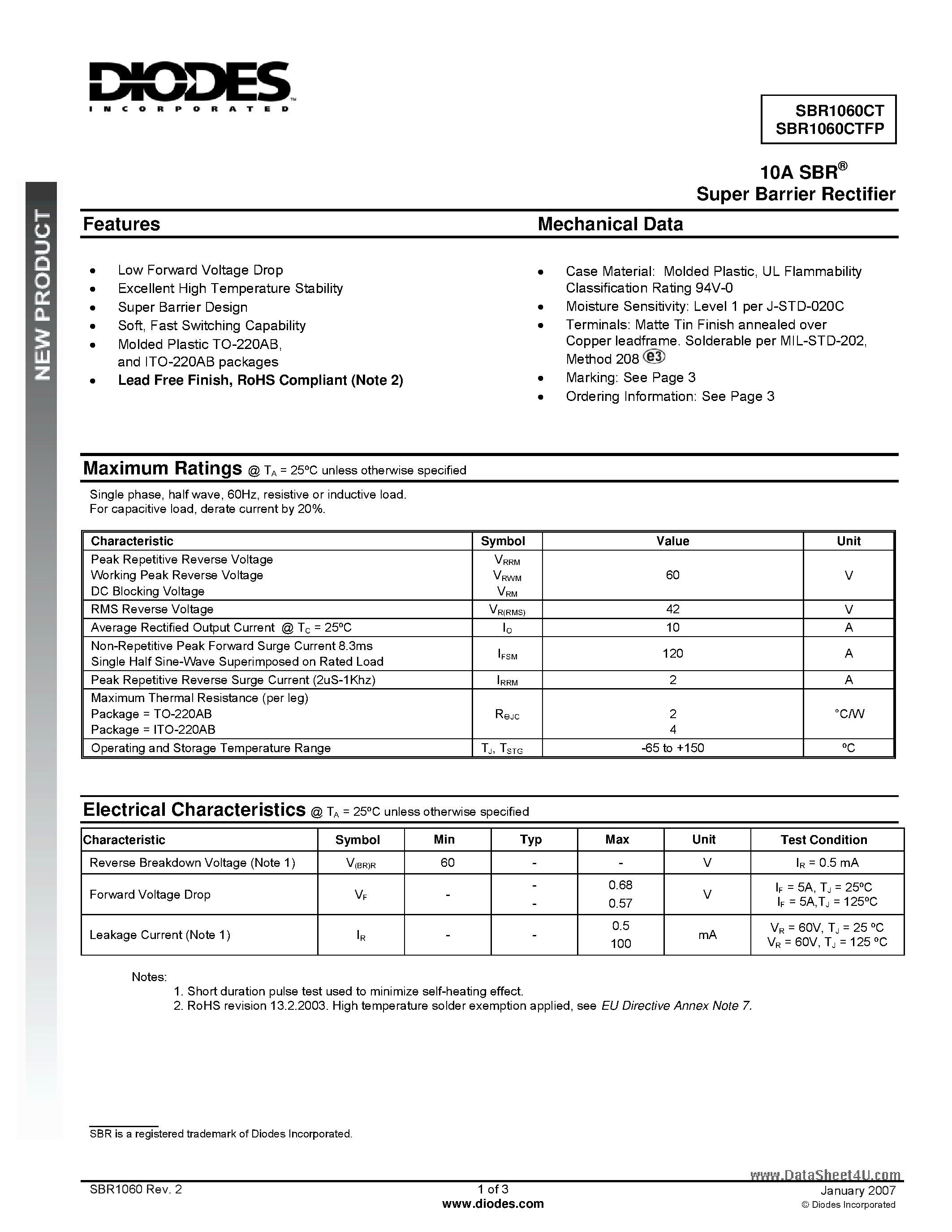 Datasheet SBR1060CT page 1 Datasheet SBR1060CT - 10A SBR Super Barrier Rectifier page 1