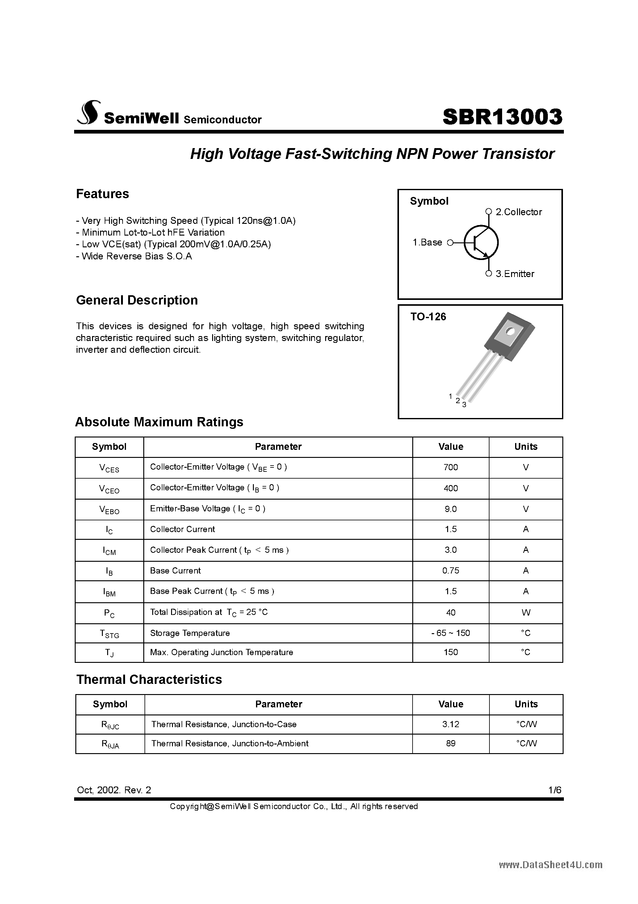 Datasheet SBR13003 page 1 Datasheet SBR13003 - High Voltage Fast-Switching NPN Power Transistor page 1