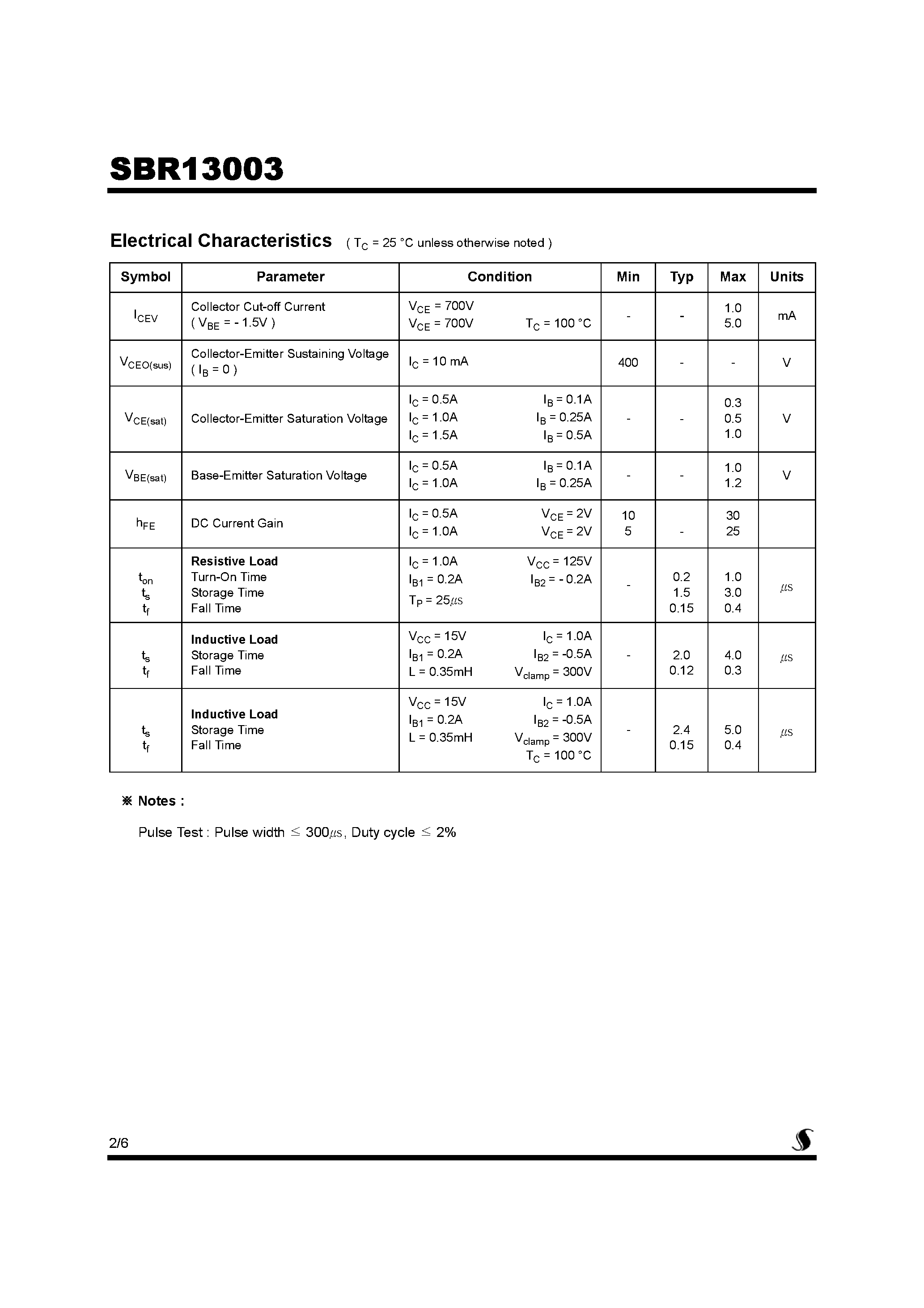 Datasheet SBR13003 page 2 Datasheet SBR13003 - High Voltage Fast-Switching NPN Power Transistor page 2