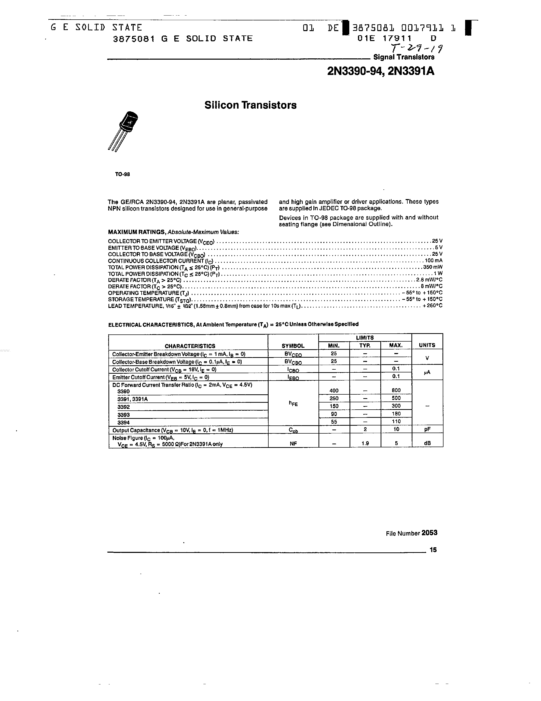 Datasheet 2N3390 page 1 Datasheet 2N3390 - (2N3390 - 2N3394) SILICON TRANSISTORS page 1