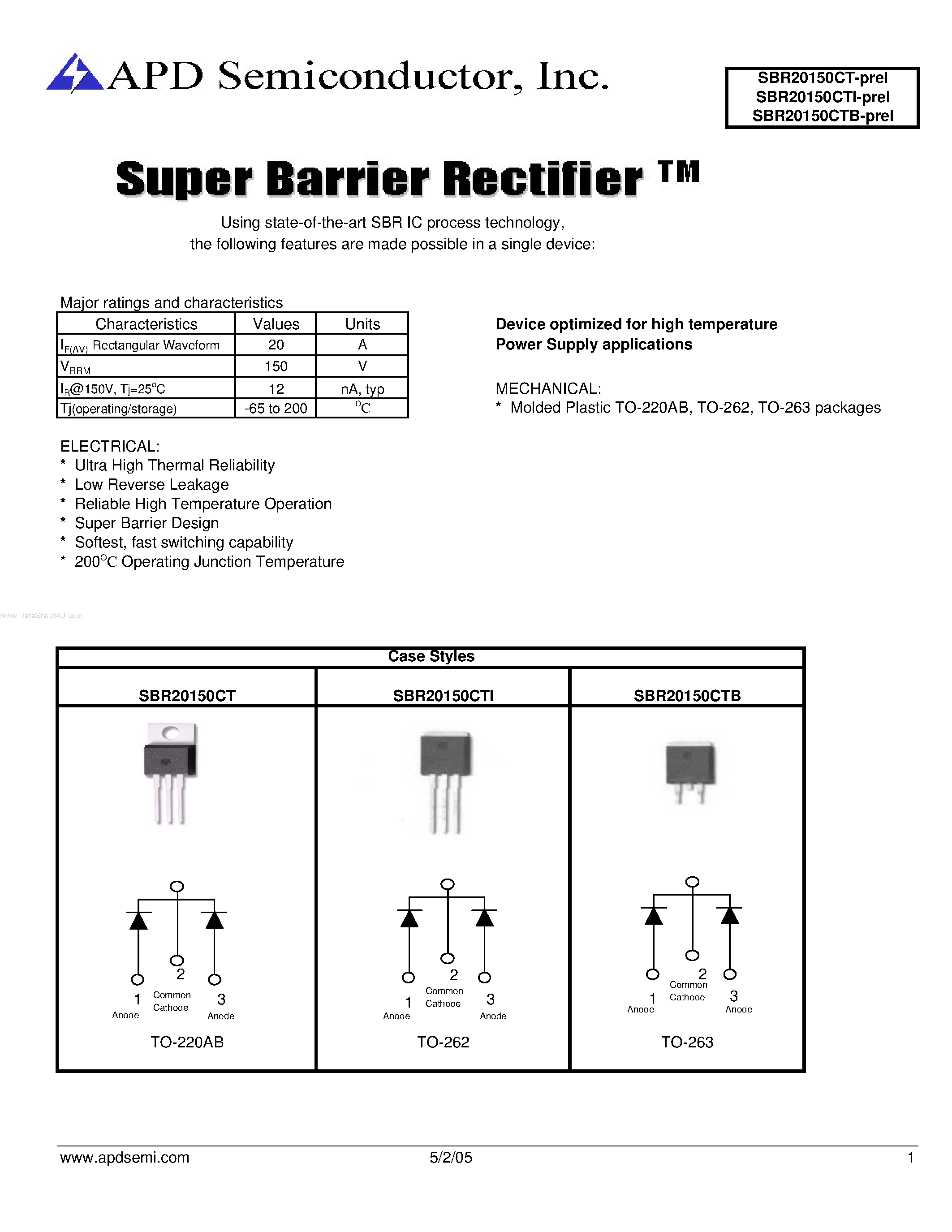 Datasheet SBR20150CT page 1 Datasheet SBR20150CT - SUPER BARRIER RECTIFIER page 1