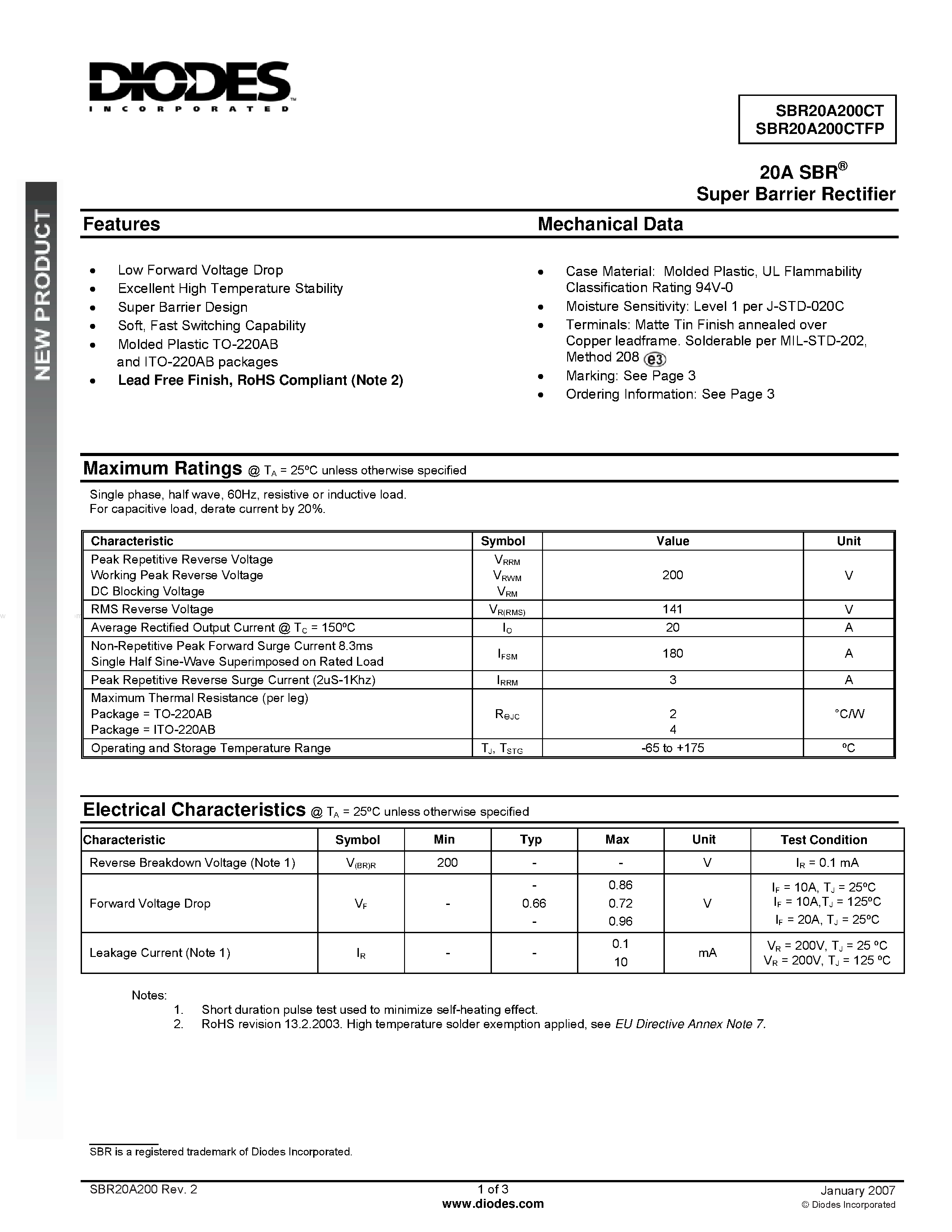 Datasheet SBR20A200CT page 1 Datasheet SBR20A200CT - Super Barrier Rectifier page 1
