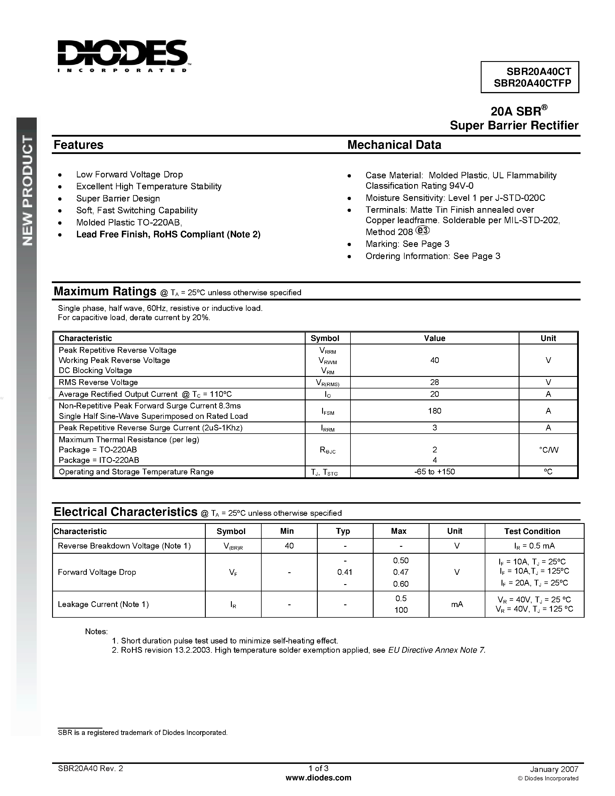 Datasheet SBR20A40CT page 1 Datasheet SBR20A40CT - Super Barrier Rectifier page 1