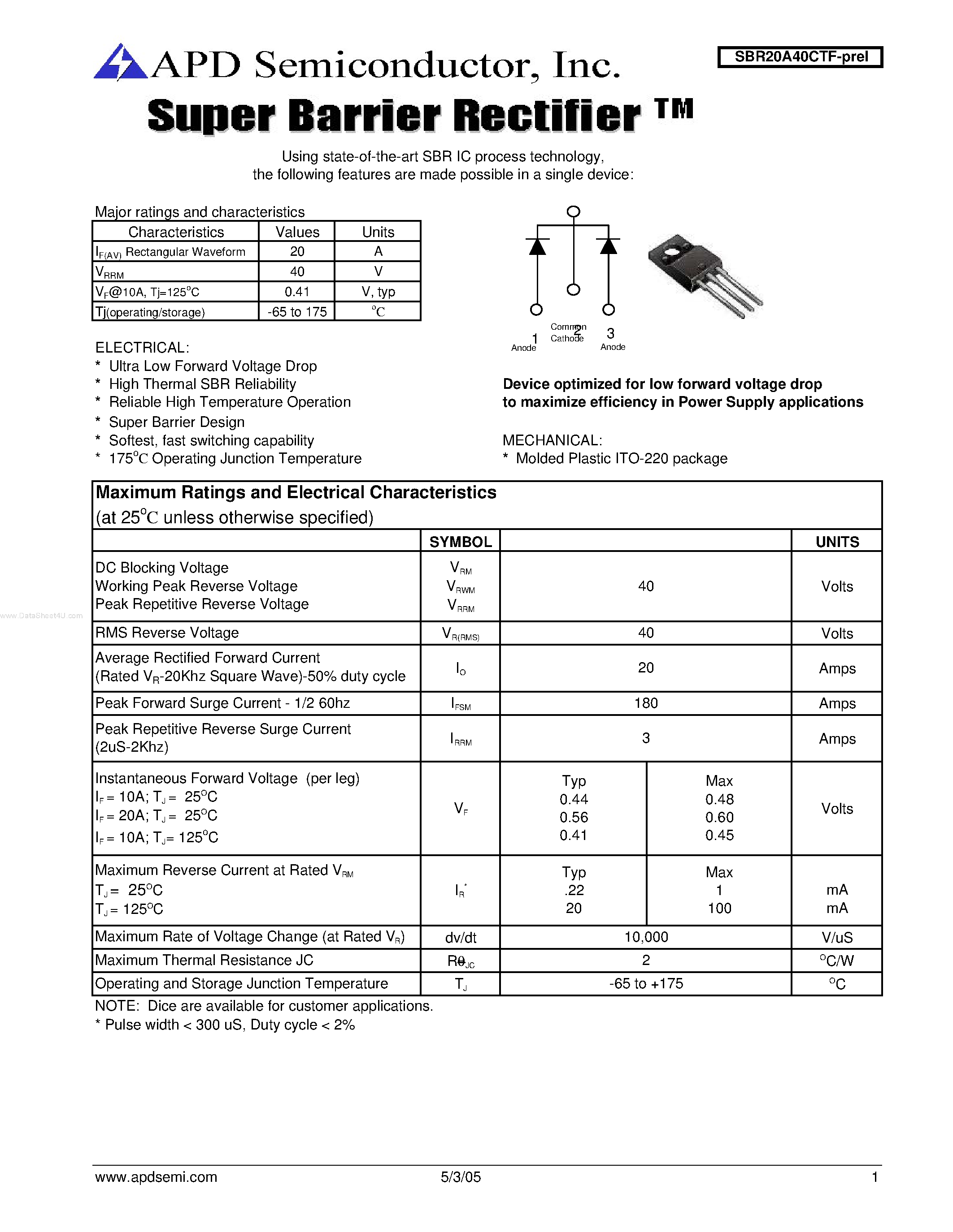 Datasheet SBR20A40CTF - Super Barrier Rectifier page 1
