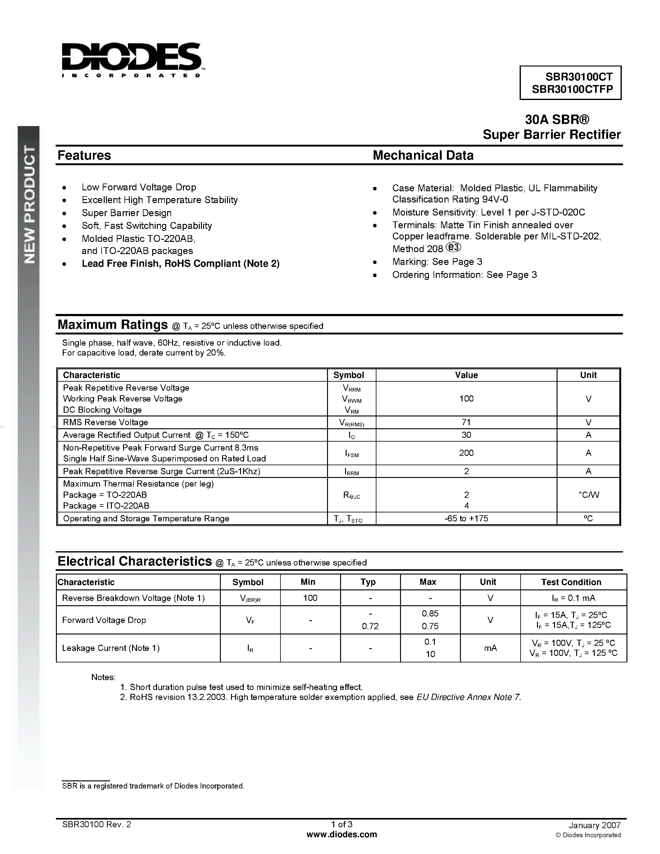Datasheet SBR30100CT - Super Barrier Rectifier page 1
