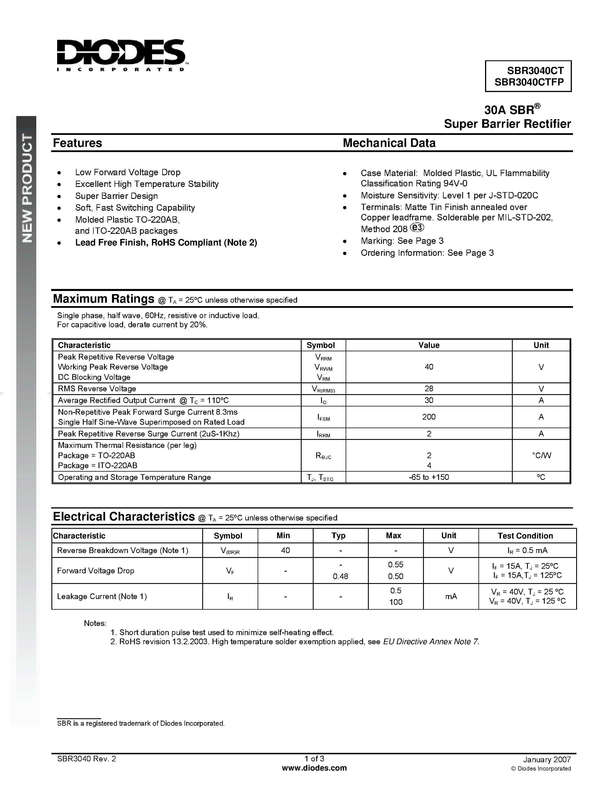 Datasheet SBR3040CT page 1 Datasheet SBR3040CT - Super Barrier Rectifier page 1