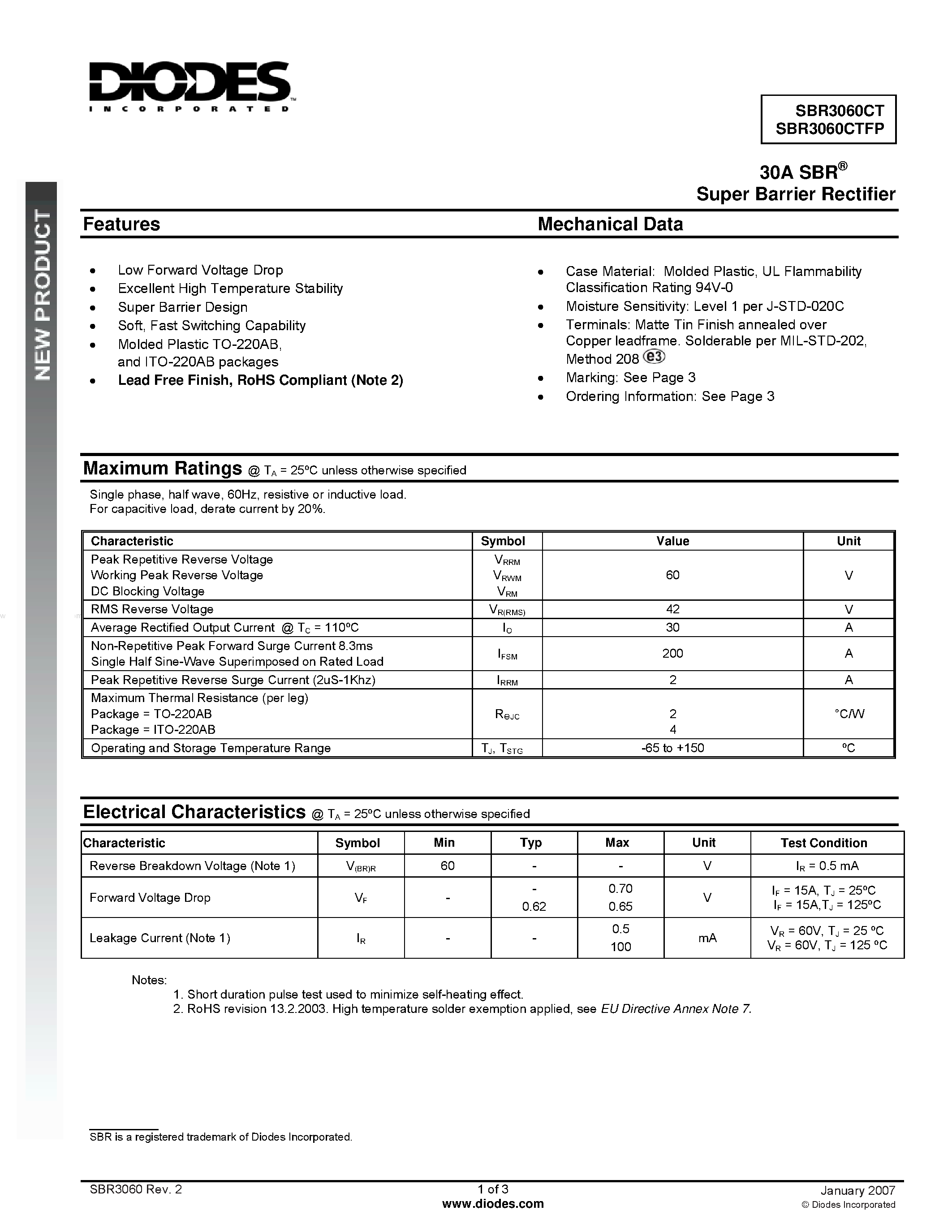Datasheet SBR3060CT - Super Barrier Rectifier page 1