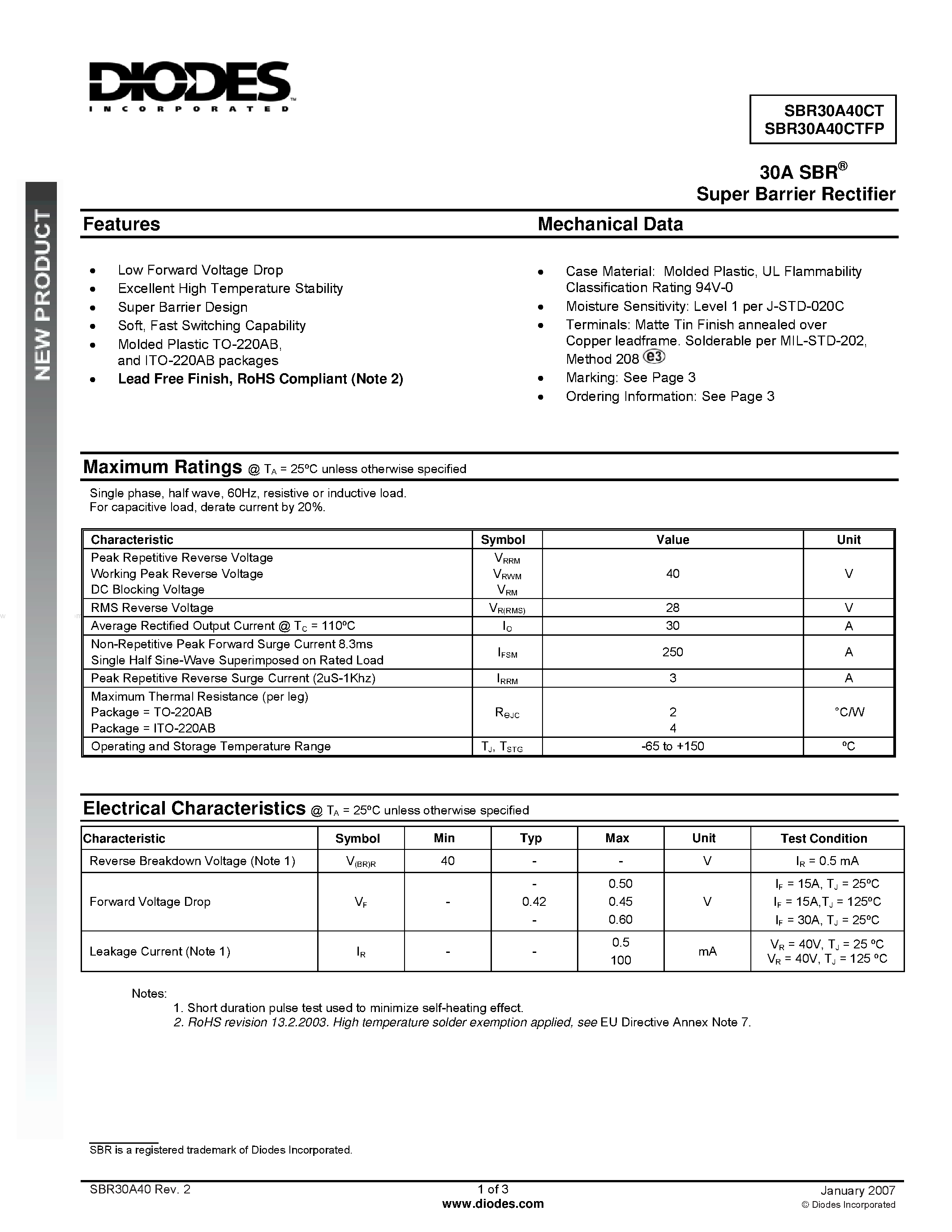 Datasheet SBR30A40CT - Super Barrier Rectifier page 1