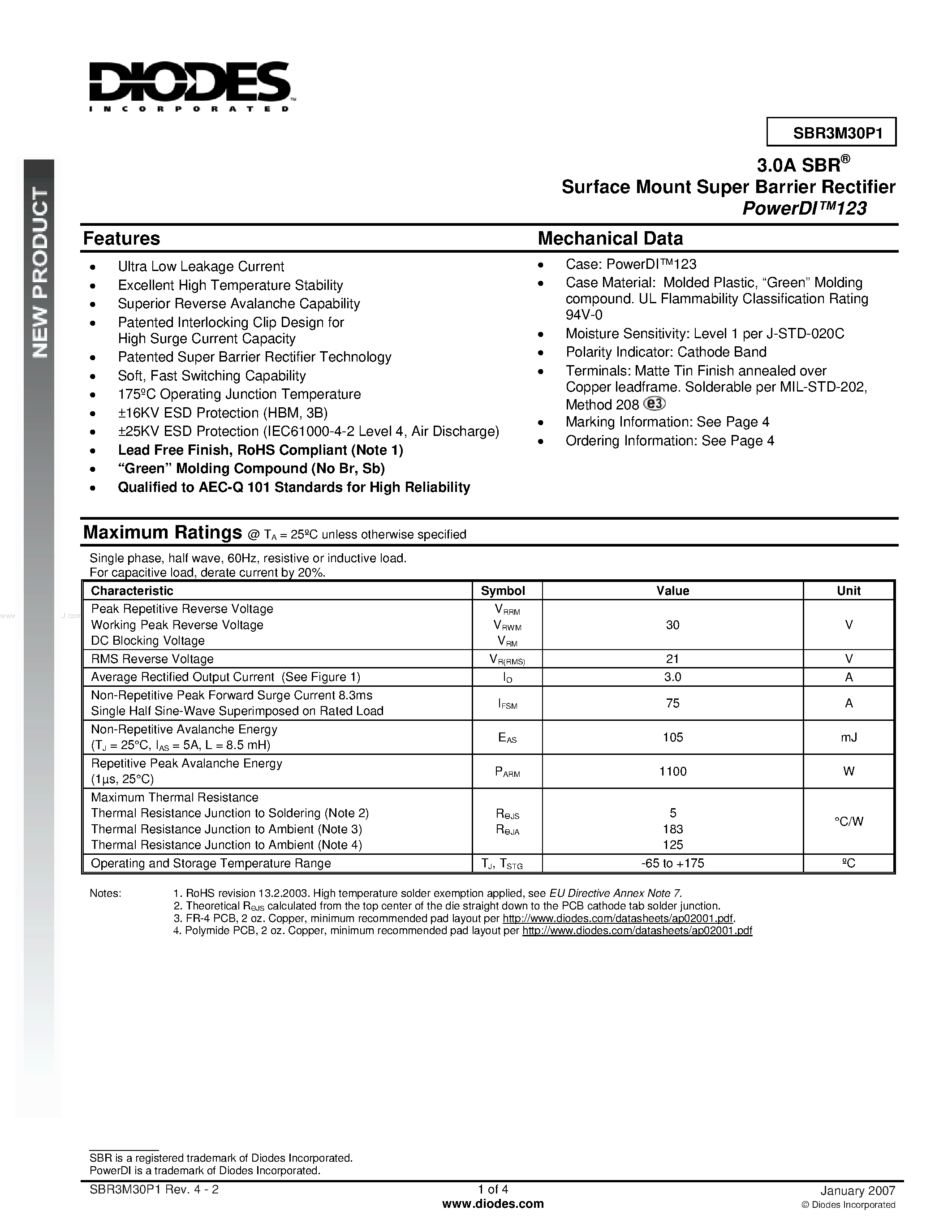 Datasheet SBR3M30P1 page 1 Datasheet SBR3M30P1 - Super Barrier Rectifier page 1
