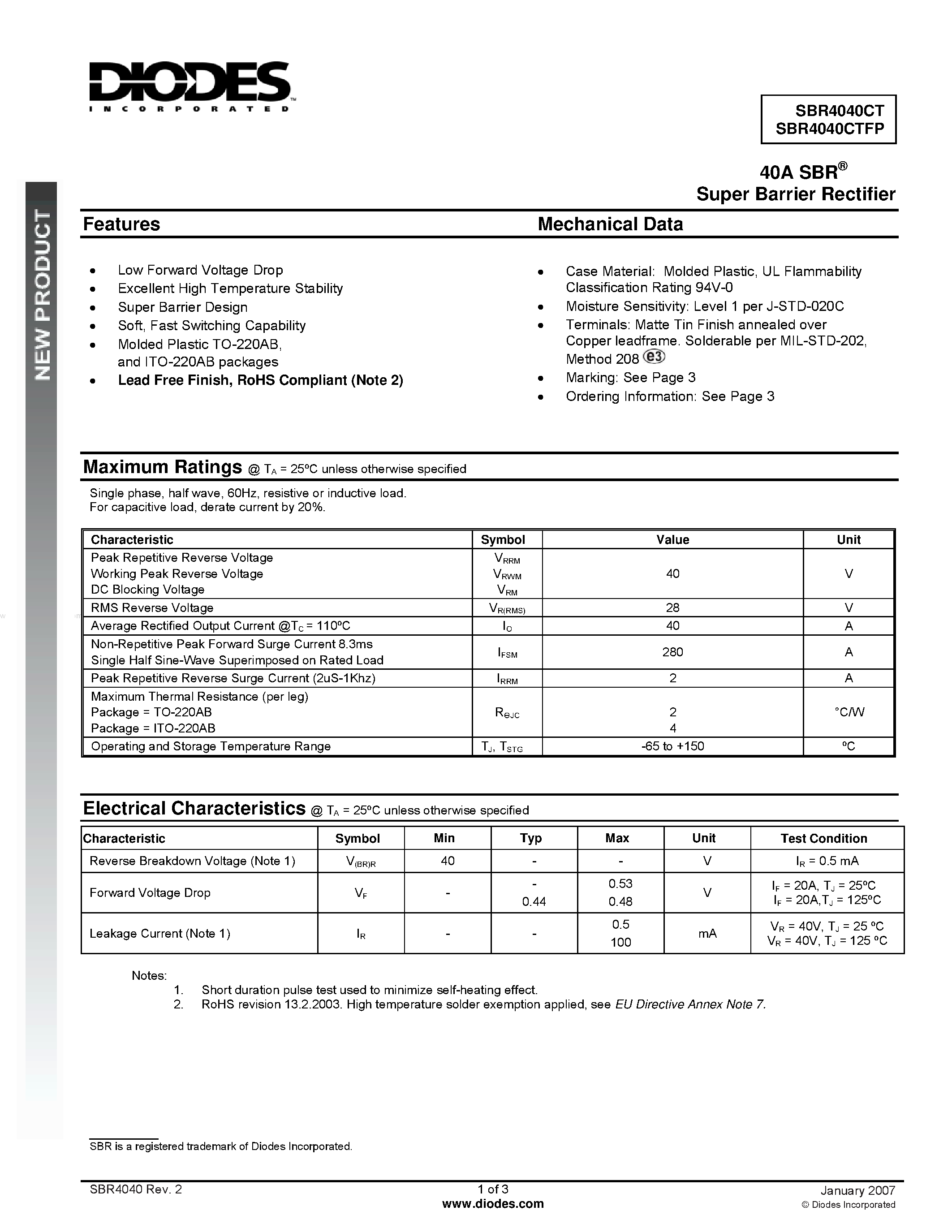 Datasheet SBR4040CT - Super Barrier Rectifier page 1