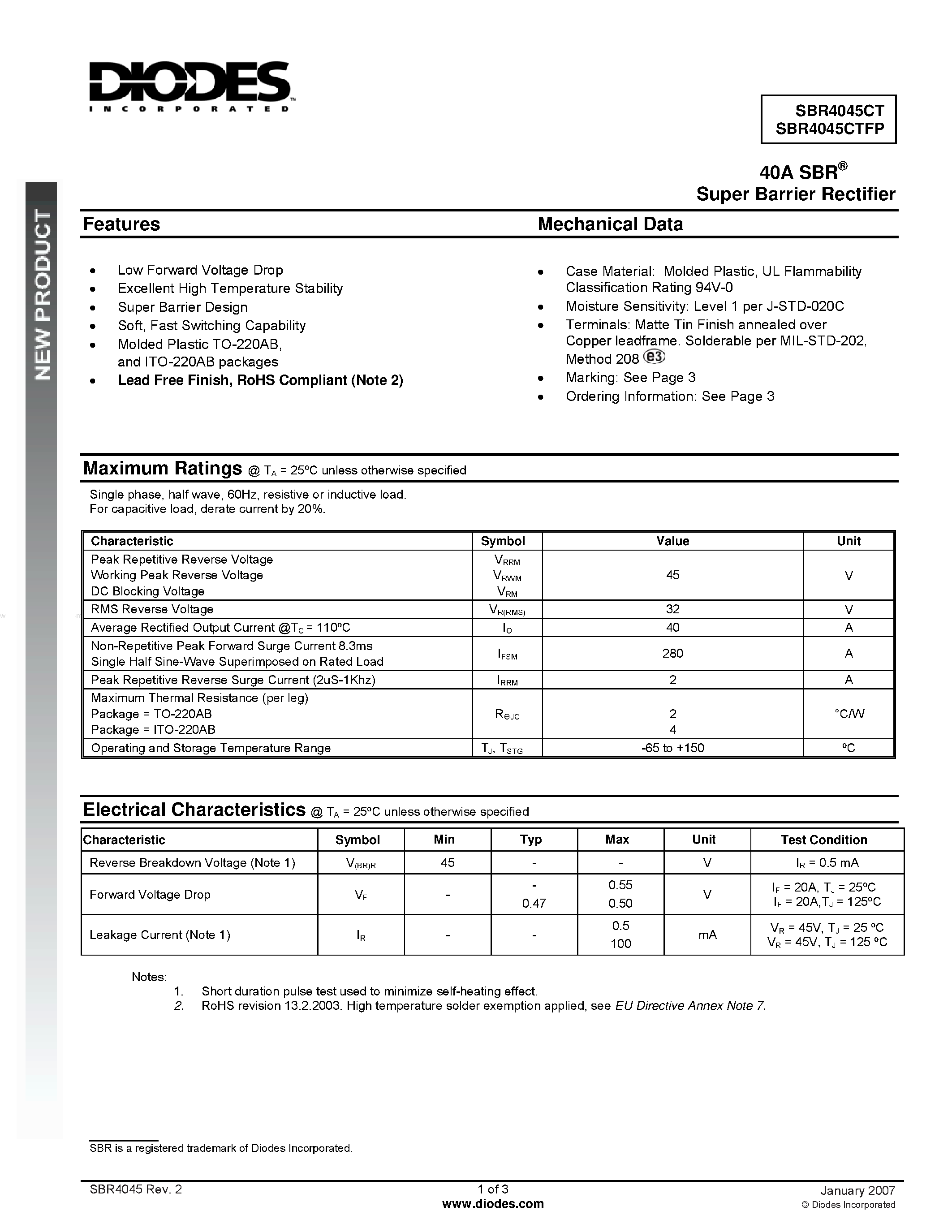 Datasheet SBR4045CT - Super Barrier Rectifier page 1