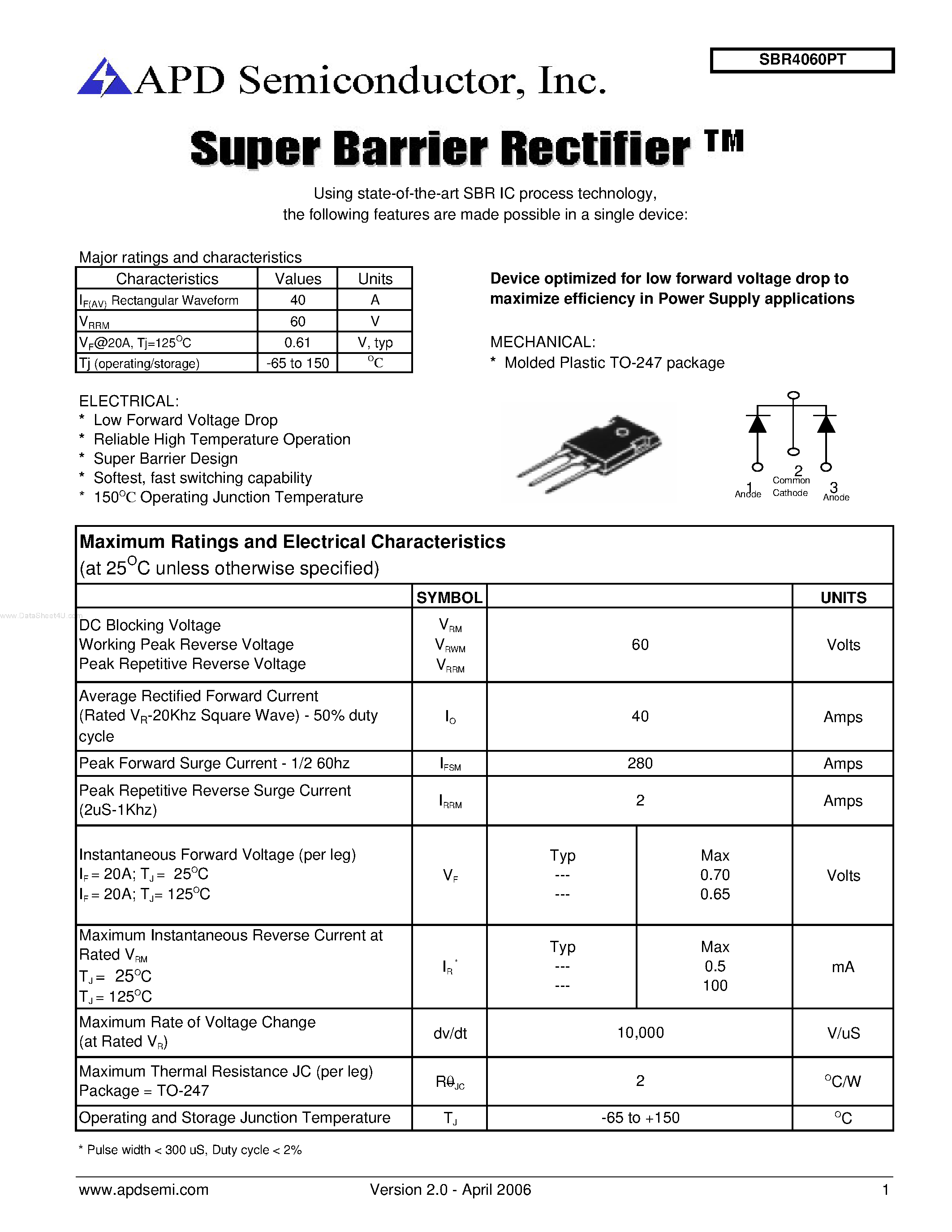 Datasheet SBR4060PT page 1 Datasheet SBR4060PT - Super Barrier Rectifier page 1