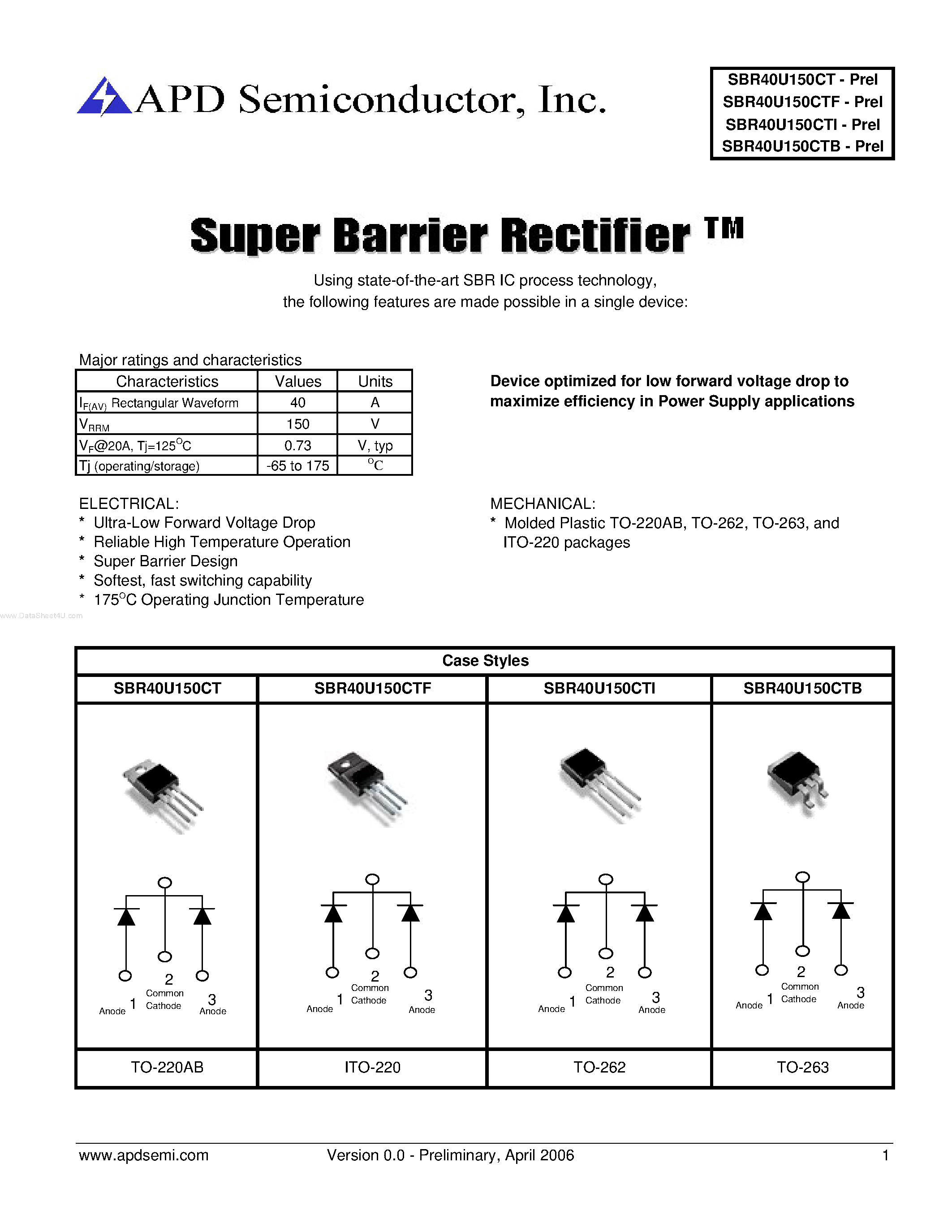 Datasheet SBR40U150CT page 1 Datasheet SBR40U150CT - Super Barrier Rectifier page 1