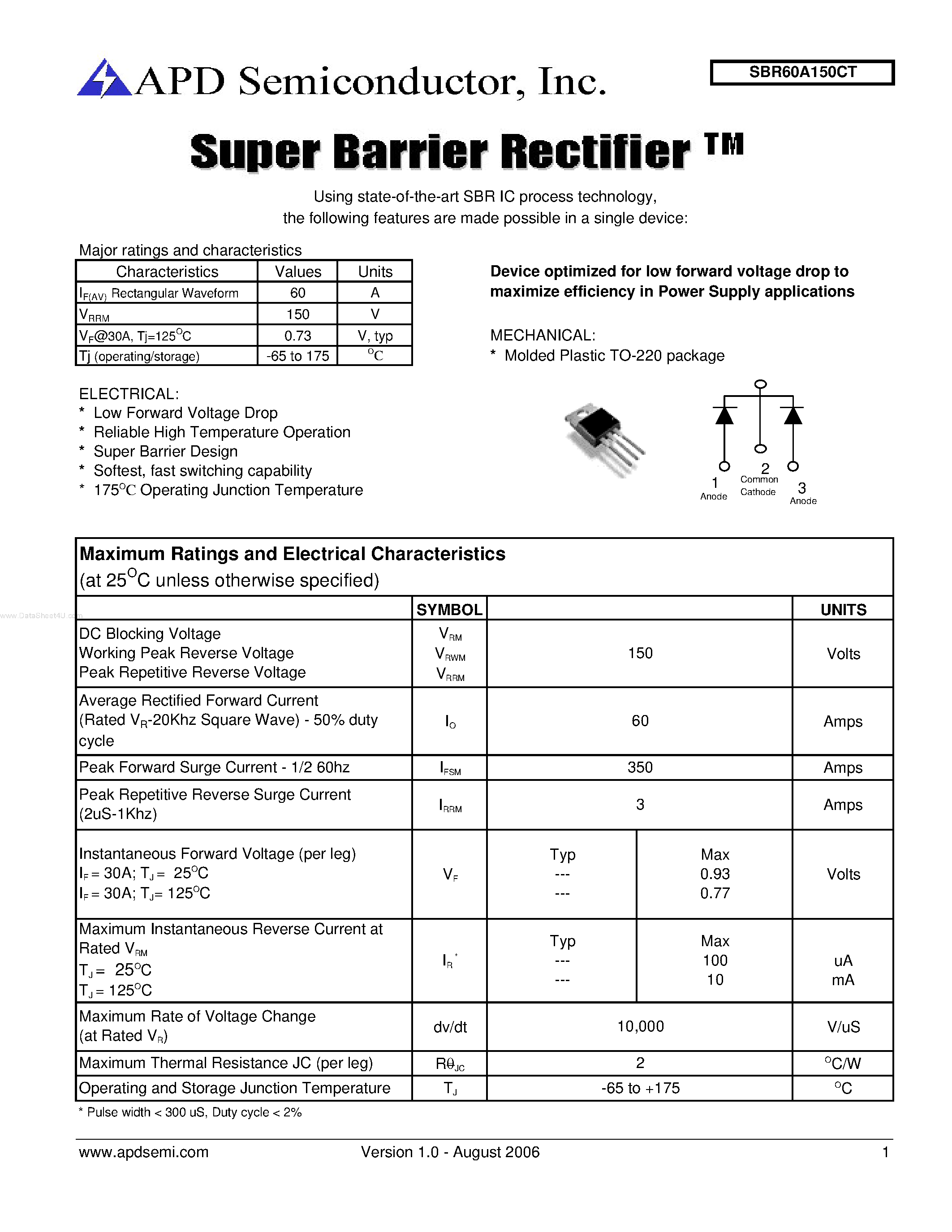 Datasheet SBR60A150CT - Super Barrier Rectifier page 1