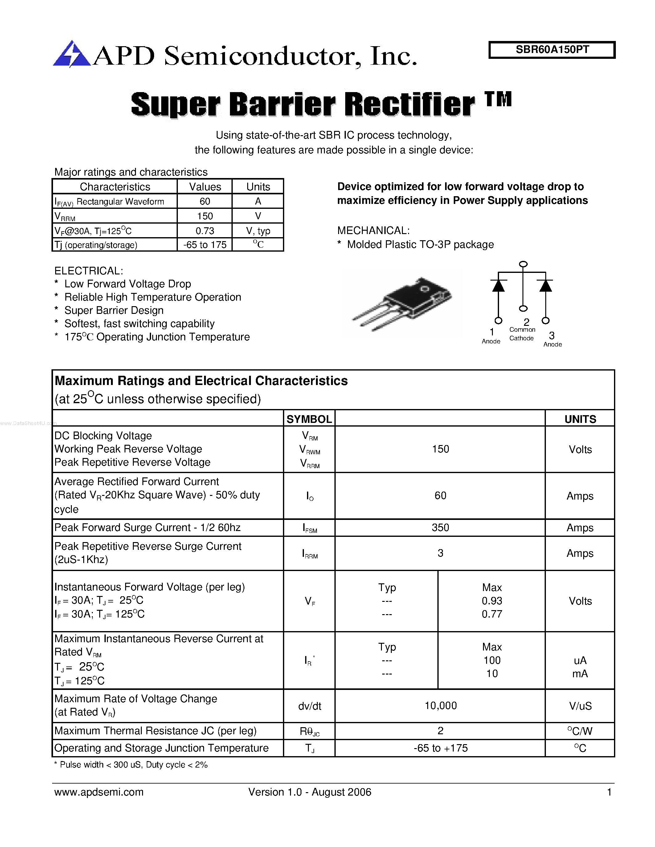Datasheet SBR60A150PT - Super Barrier Rectifier page 1