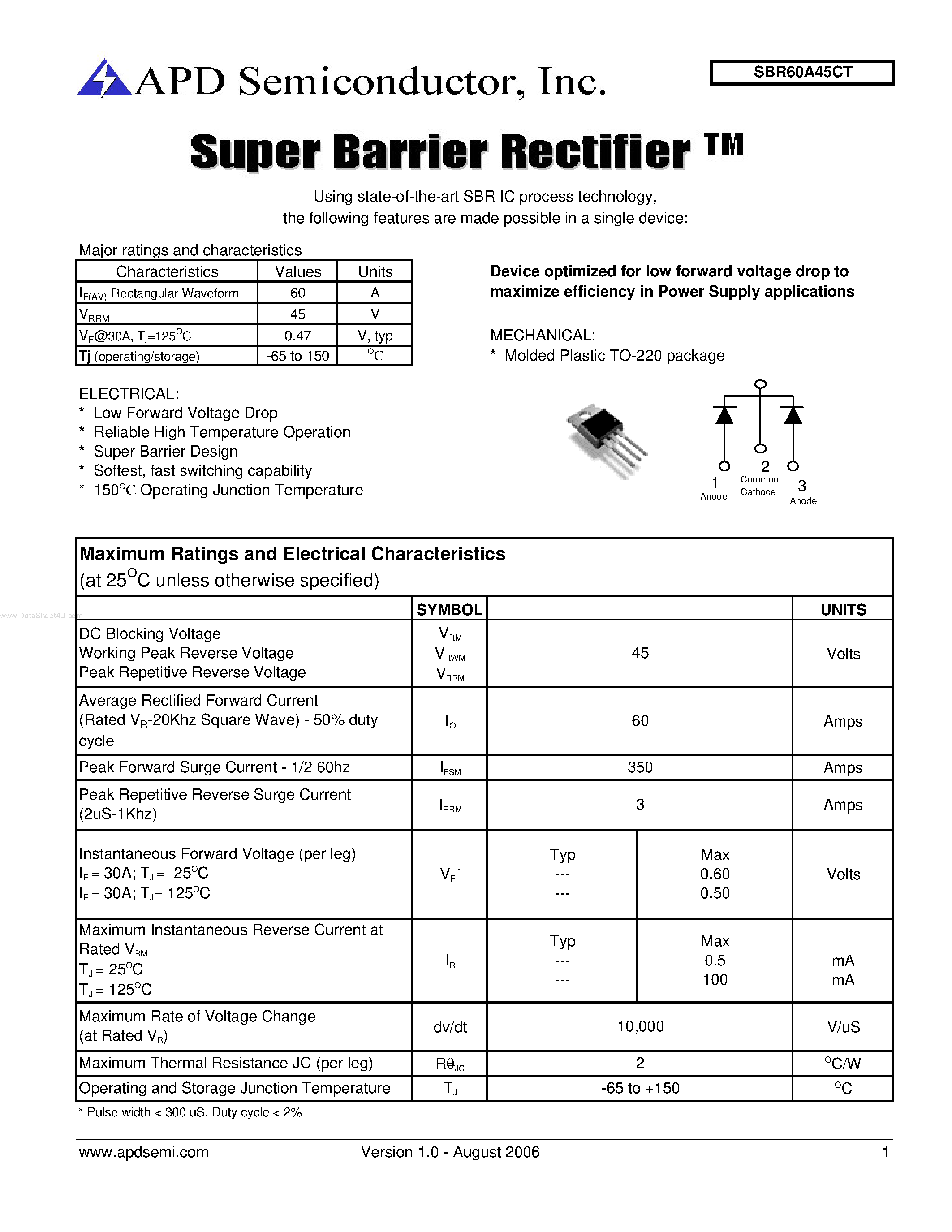 Datasheet SBR60A45CT - Super Barrier Rectifier page 1