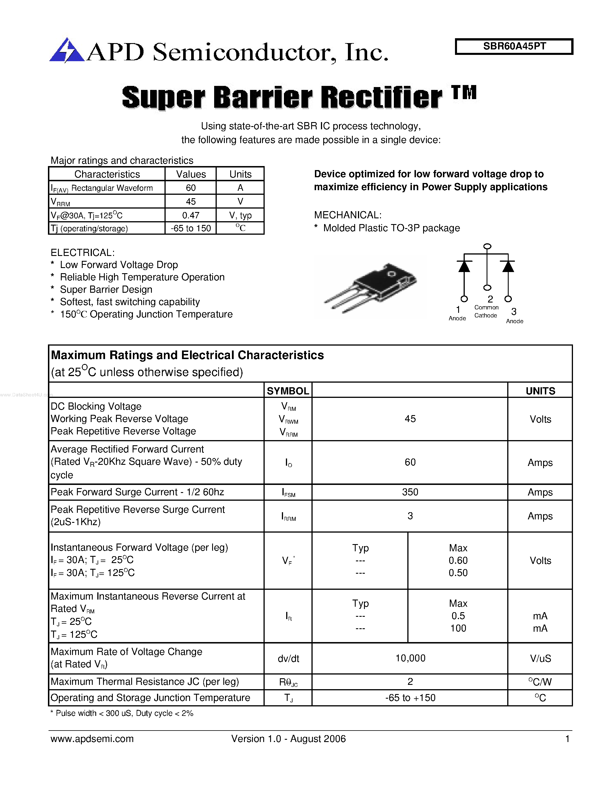 Datasheet SBR60A45PT page 1 Datasheet SBR60A45PT - Super Barrier Rectifier page 1