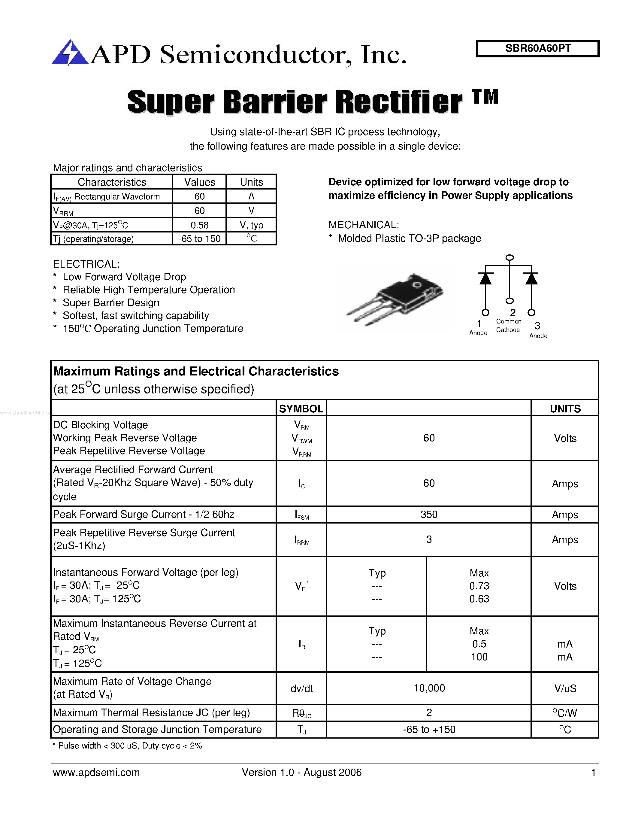Datasheet SBR60A60PT page 1 Datasheet SBR60A60PT - Super Barrier Rectifier page 1