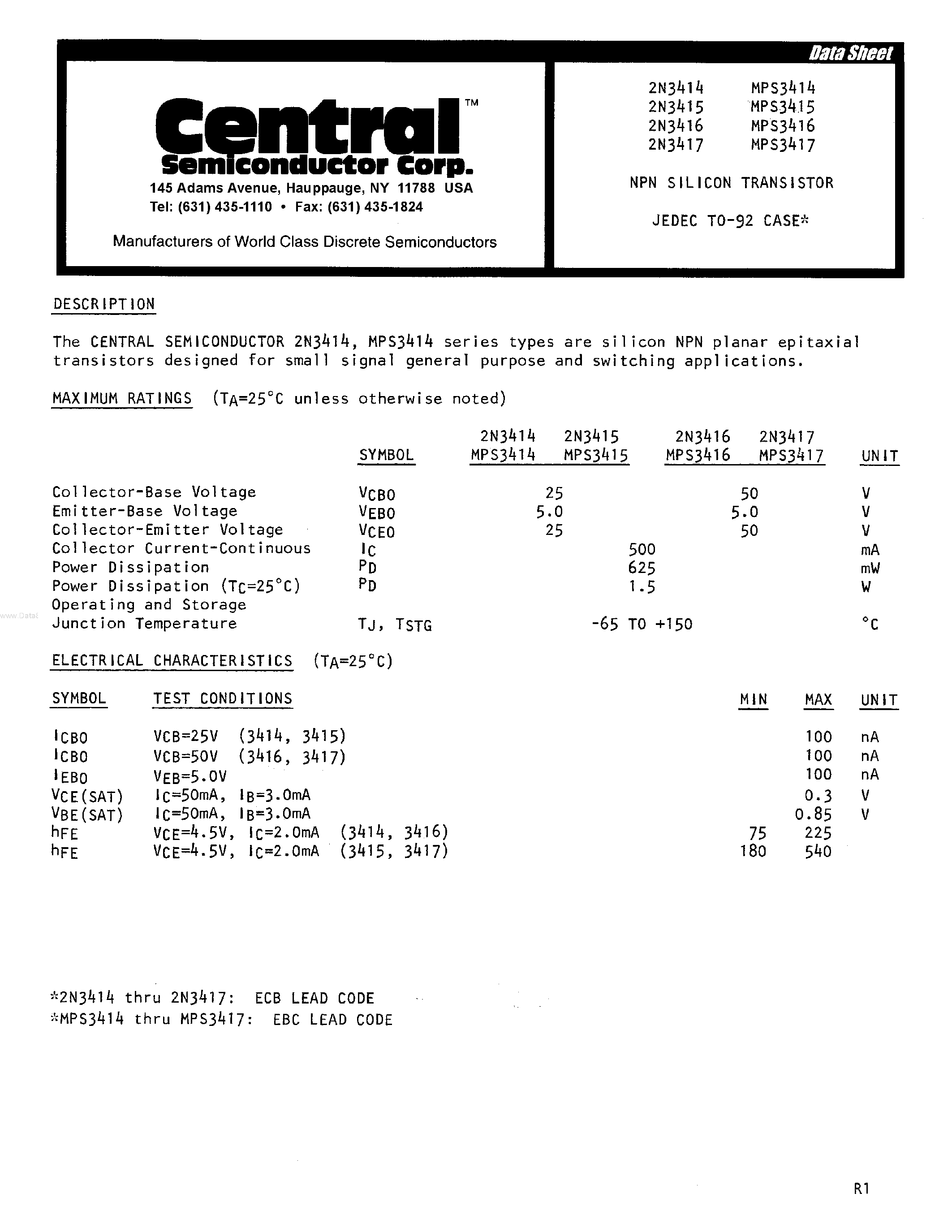 Datasheet 2N3414 - (2N3414 - 2N3417) NPN SILICON TRANSISTOR page 1