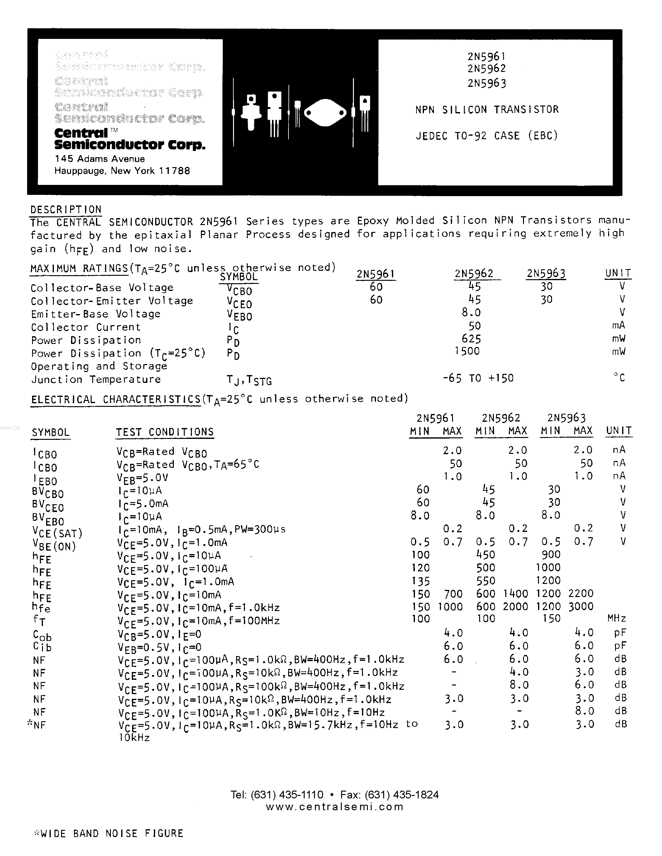 Datasheet 2N5961 - (2N5961 - 2N5963) NPN SILICON TRANSISTOR page 1