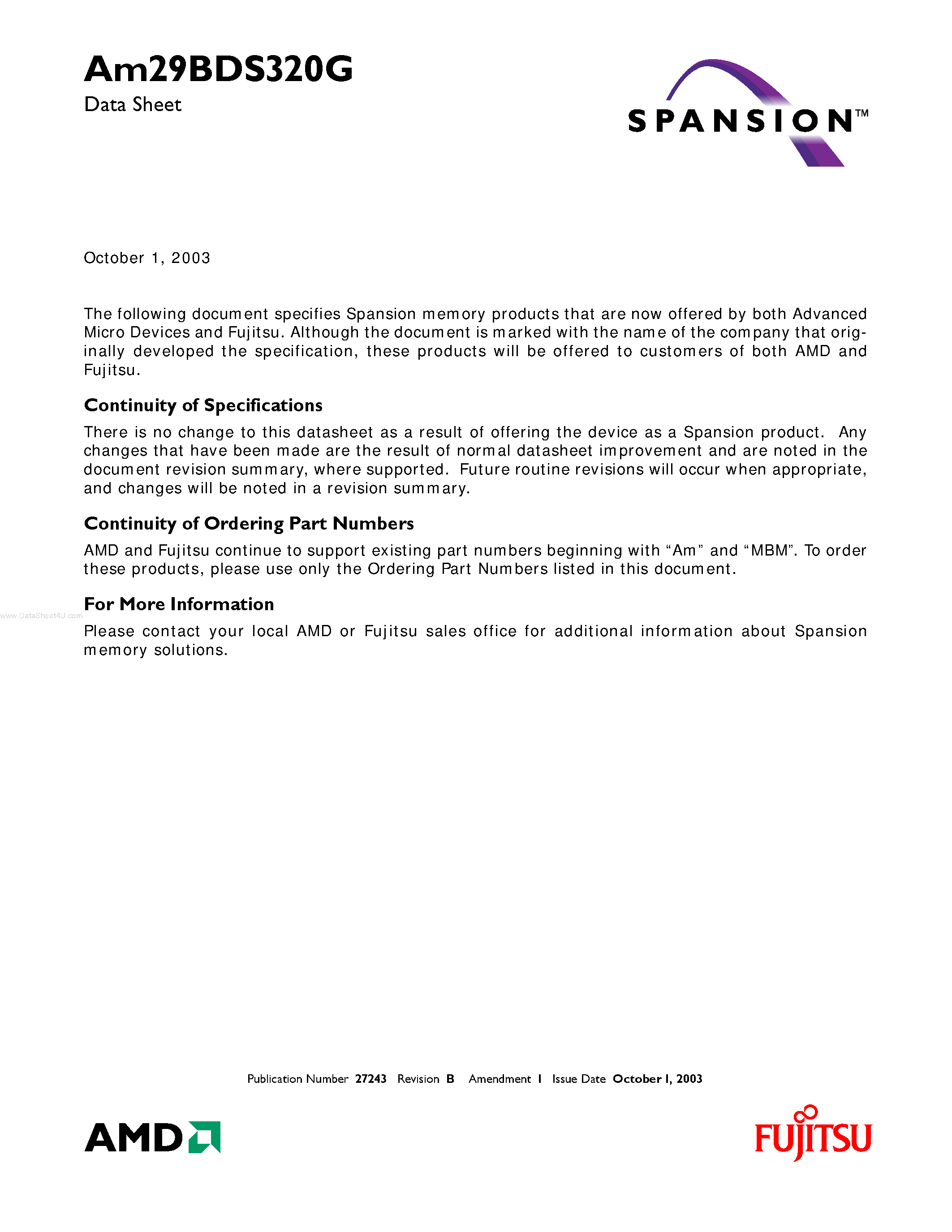 Datasheet AM29BDS320G page 1 Datasheet AM29BDS320G - Burst Mode Flash Memory page 1