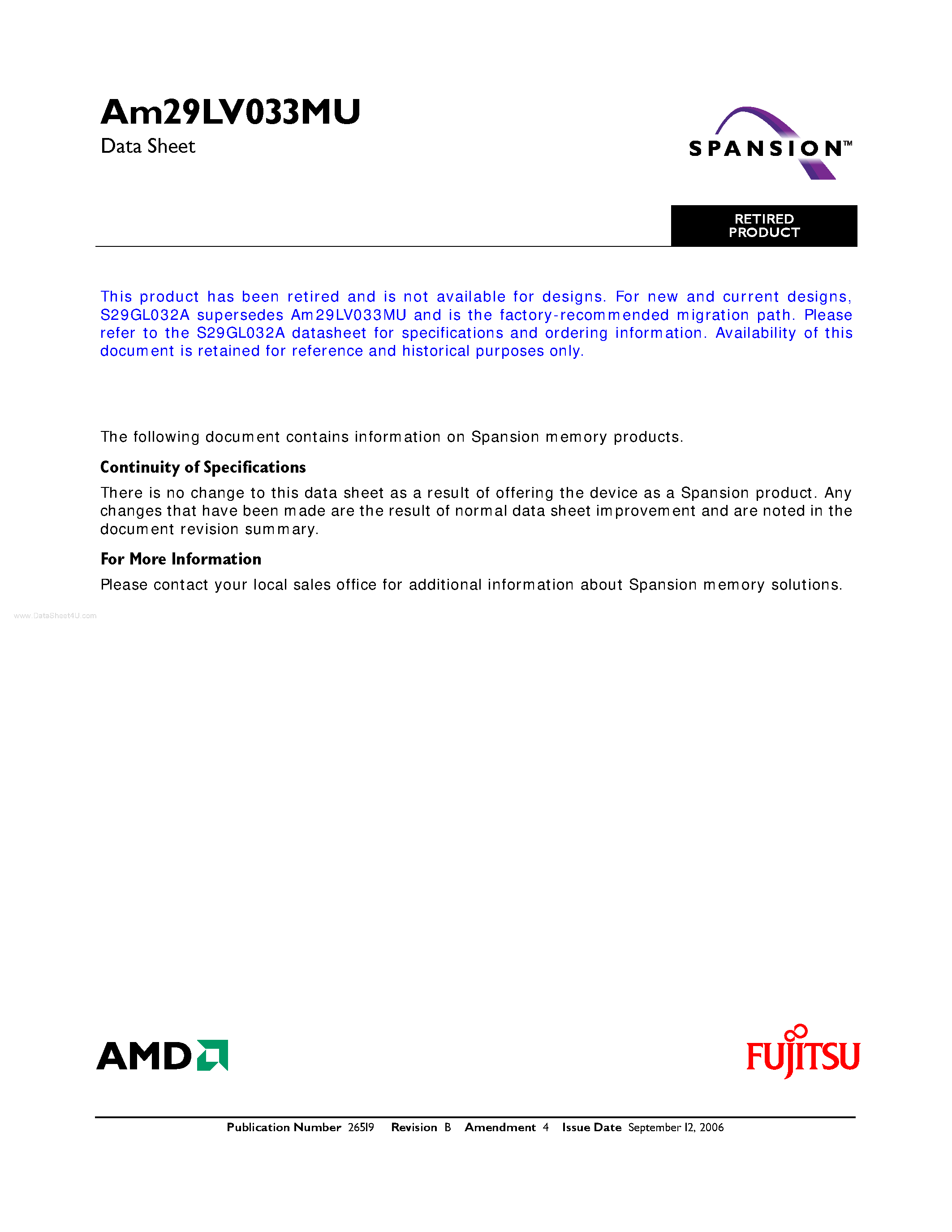 Datasheet AM29LV033MU - 3.0 Volt-only Uniform Sector Flash Memory page 1