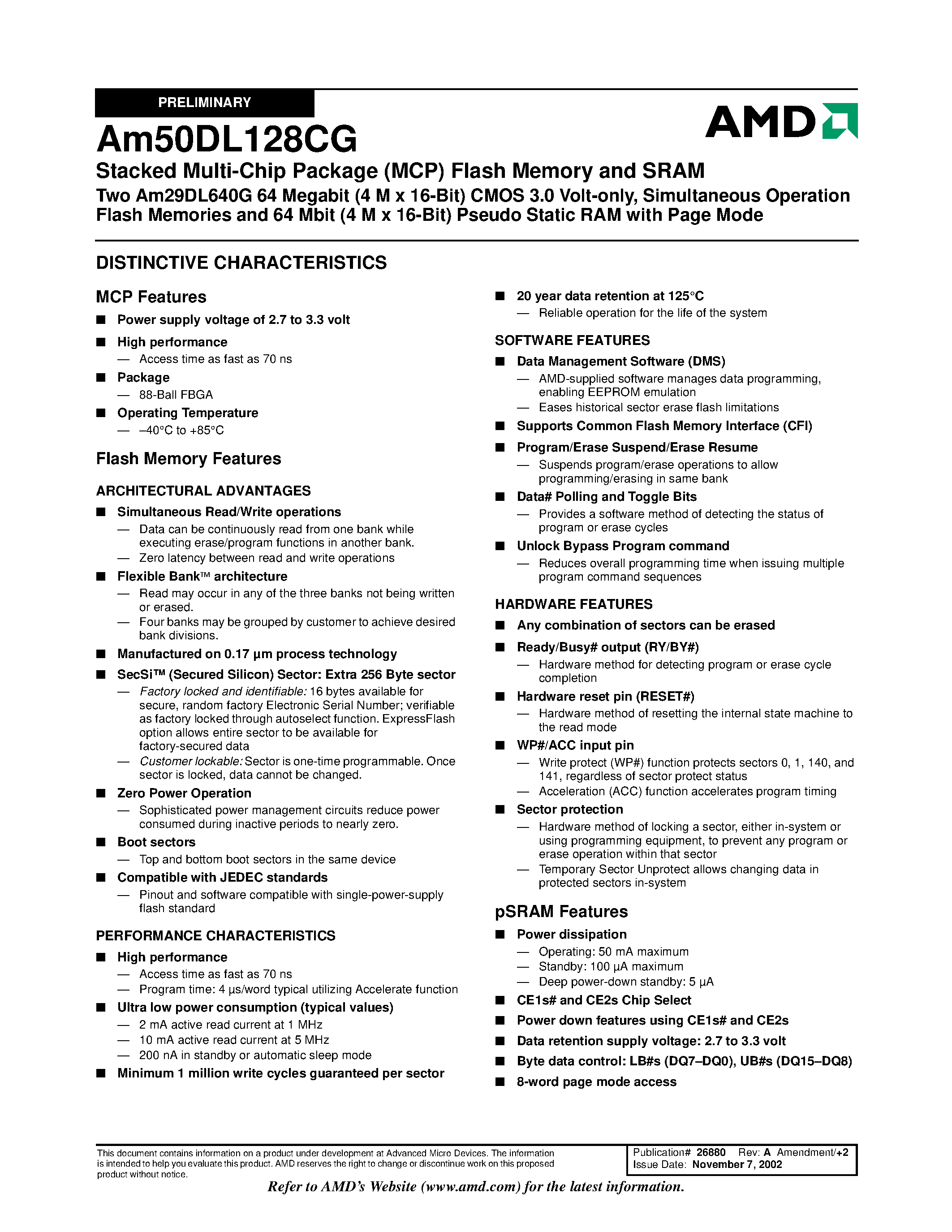 Даташит на микросхему AM50DL128CG страница 2 Даташит AM50DL128CG - Simultaneous Operation Flash Memories and 64 Mbit (4 M x 16-Bit) Pseudo Static RAM страница 2