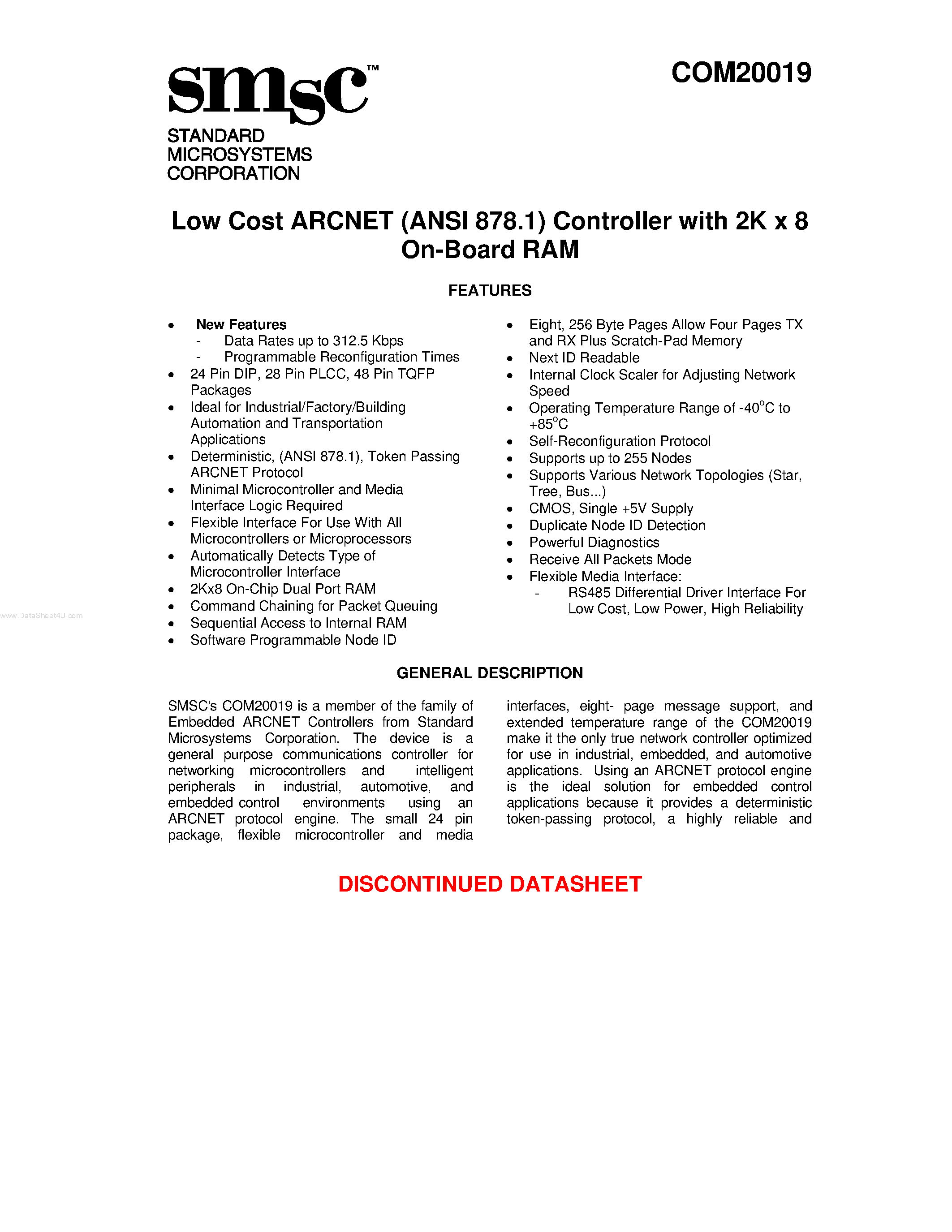 Даташит на микросхему COM20019 страница 1 Даташит COM20019 - Low Cost ARCNET (ANSI 878.1) Controller страница 1