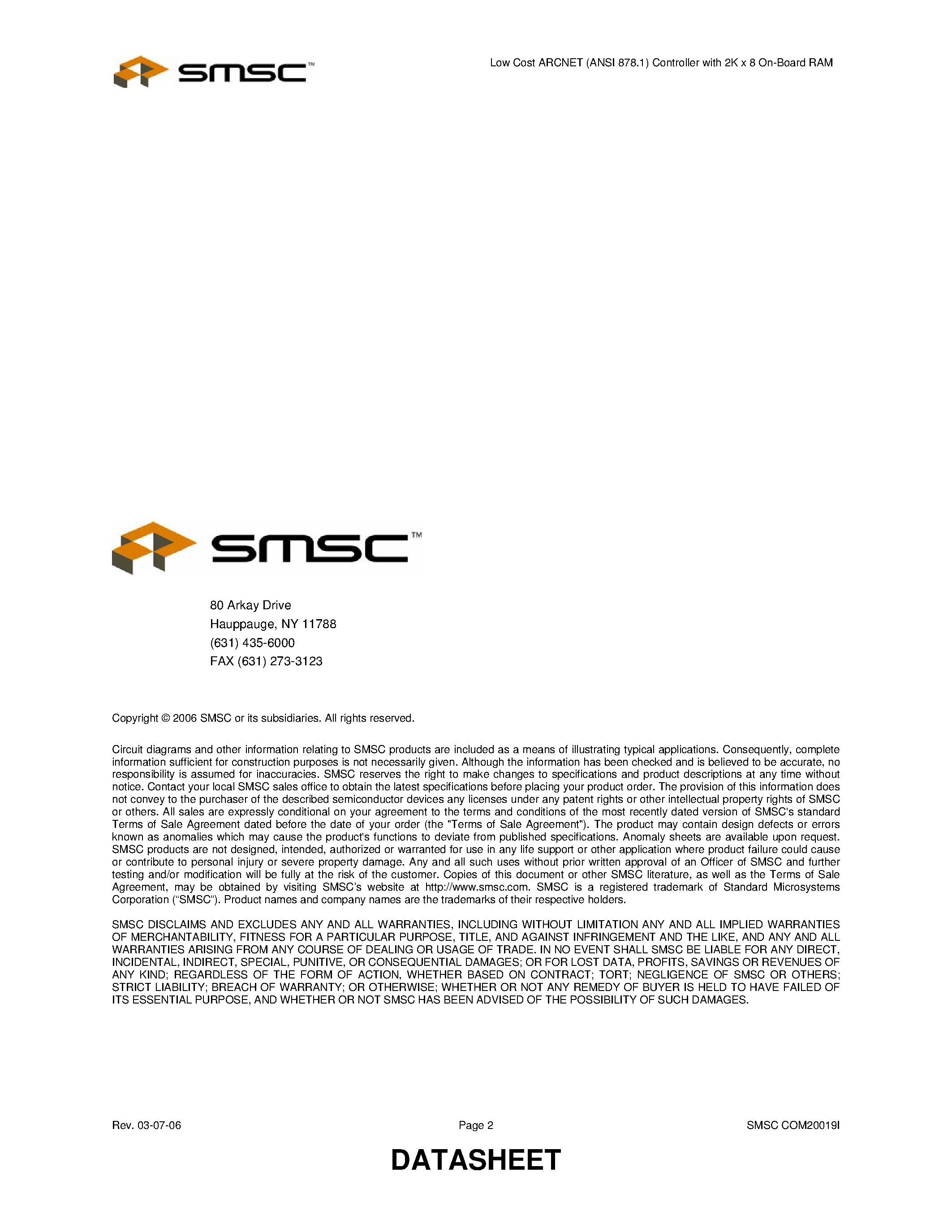 Даташит на микросхему COM20019I страница 2 Даташит COM20019I - Low Cost ARCNET (ANSI 878.1) Controller страница 2