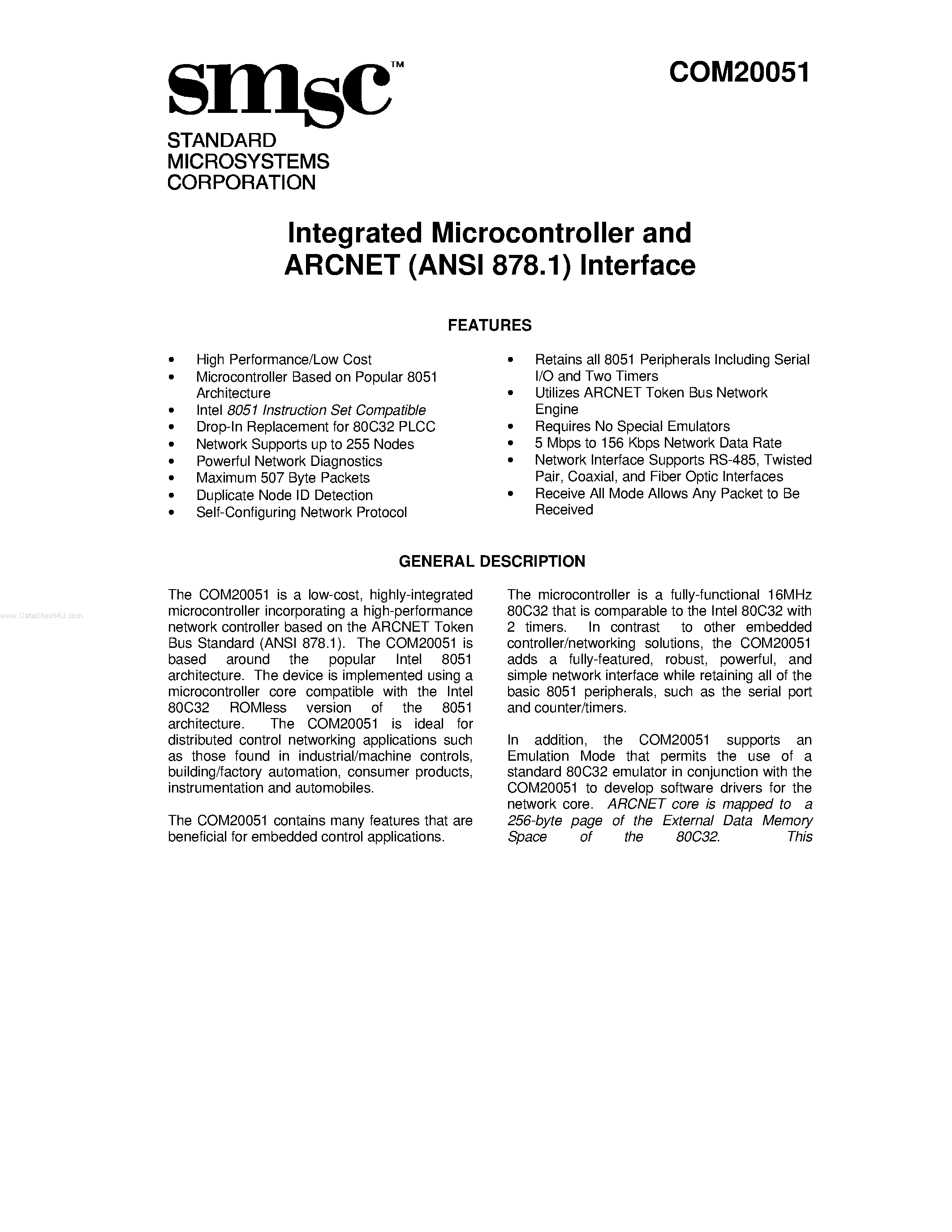 Даташит на микросхему COM20051 страница 1 Даташит COM20051 - Integrated Microcontroller and ARCNET (ANSI 878.1) Interface страница 1