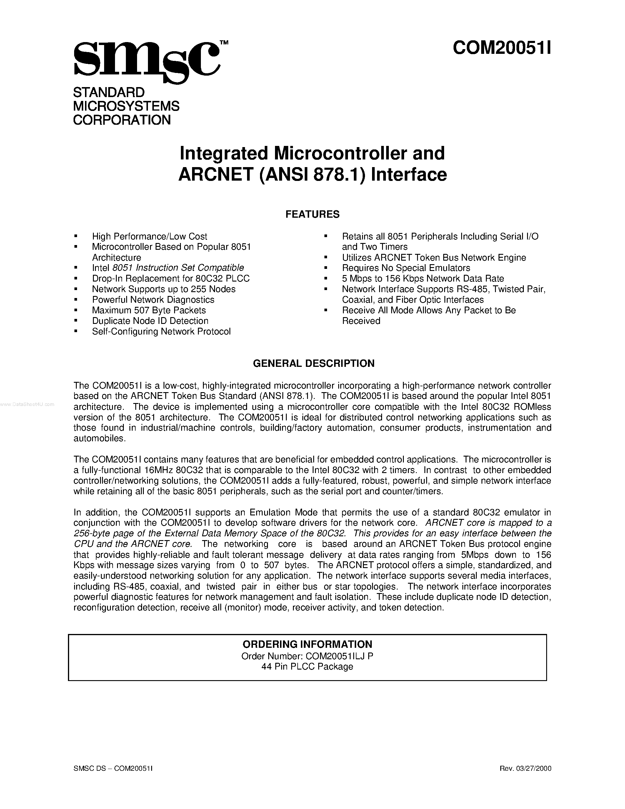 Даташит на микросхему COM20051I страница 1 Даташит COM20051I - Integrated Microcontroller and ARCNET (ANSI 878.1) Interface страница 1