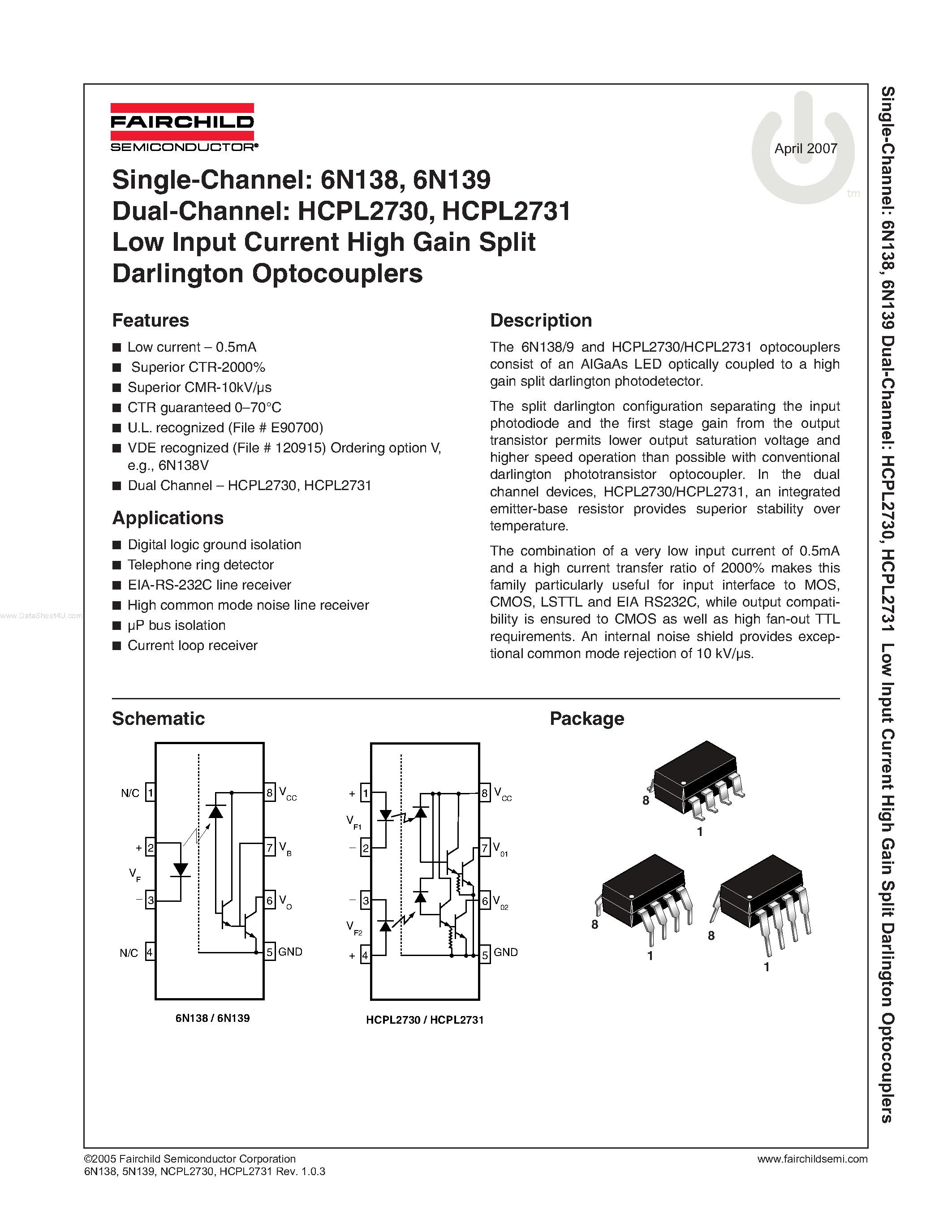 Datasheet HCPL2731 page 1 Datasheet HCPL2731 - (HCPL2730 / HCPL2731) Low Input Current High Gain Split Darlington Optocouplers page 1