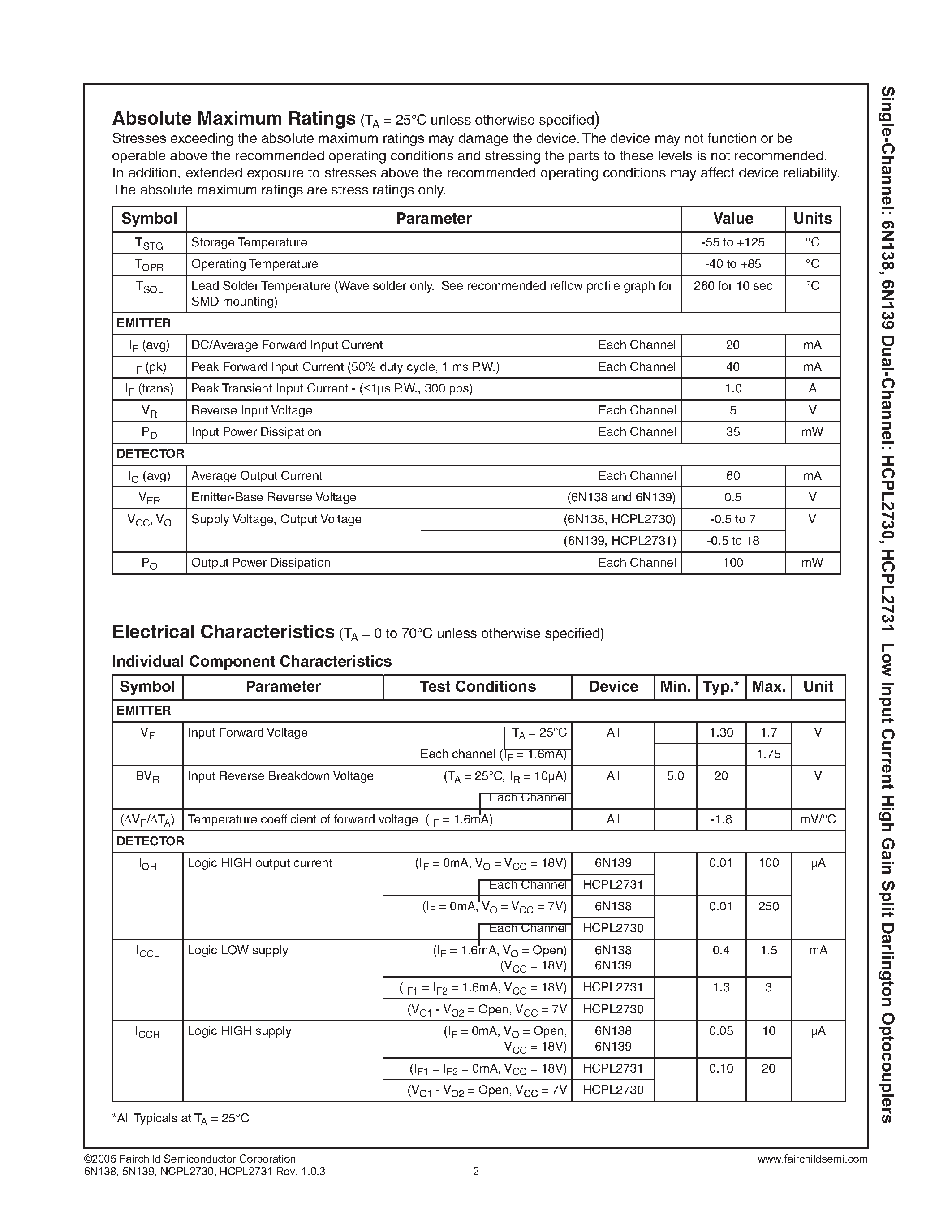 Datasheet HCPL2731 page 2 Datasheet HCPL2731 - (HCPL2730 / HCPL2731) Low Input Current High Gain Split Darlington Optocouplers page 2