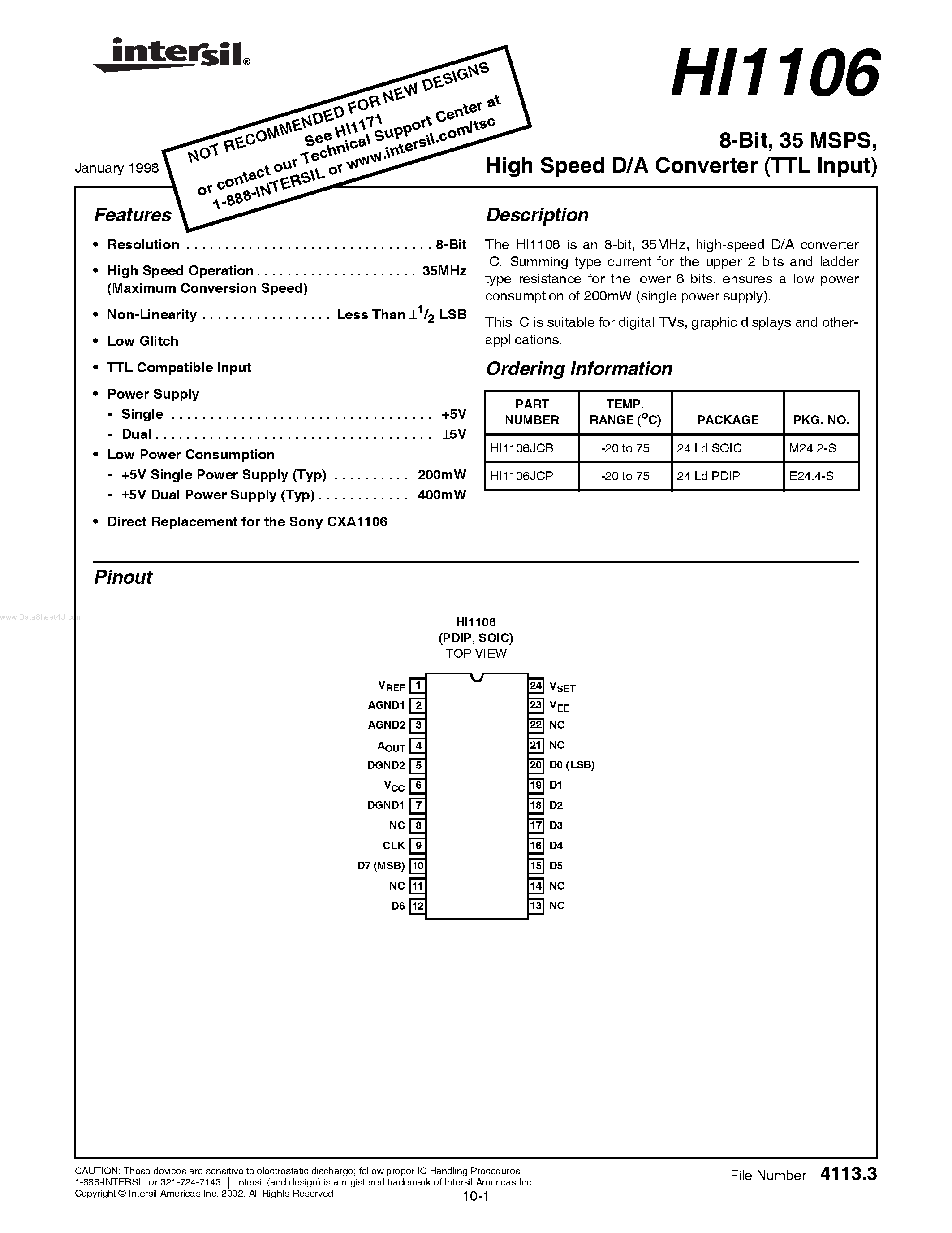 Даташит HI1106 - High Speed D/A Converter страница 1