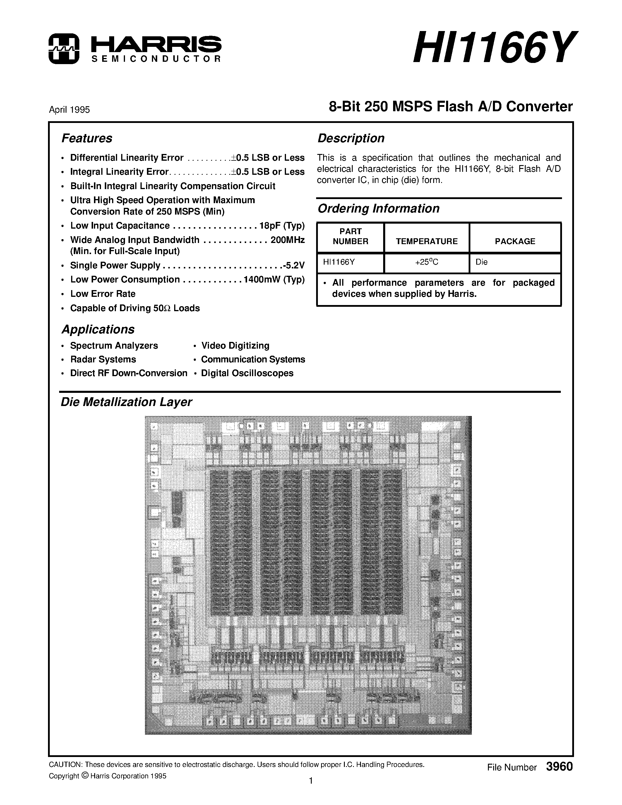 Даташит на микросхему HI1166Y страница 1 Даташит HI1166Y - 8-Bit 250 MSPS Flash A/D Converter страница 1