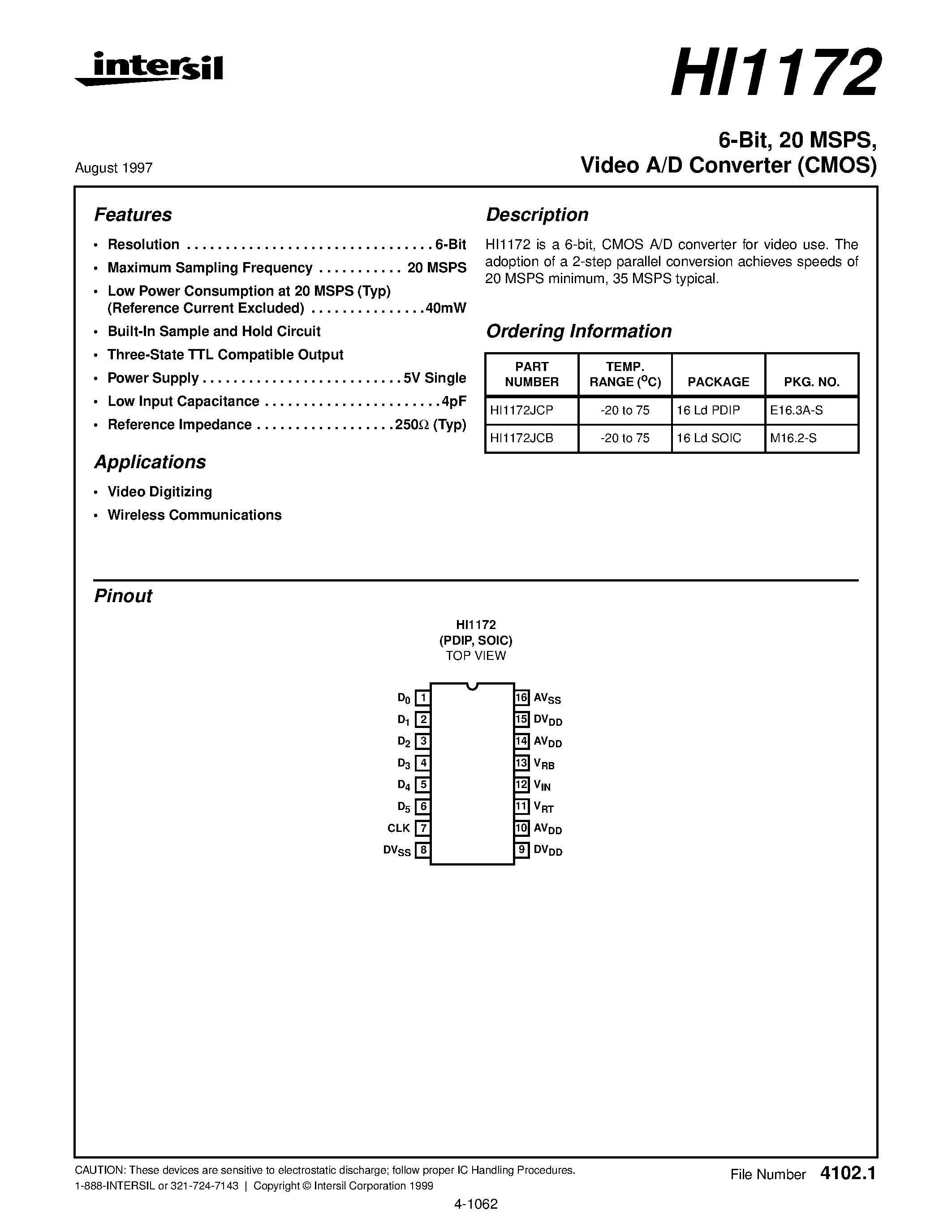 Даташит HI1172 - Video A/D Converter страница 1