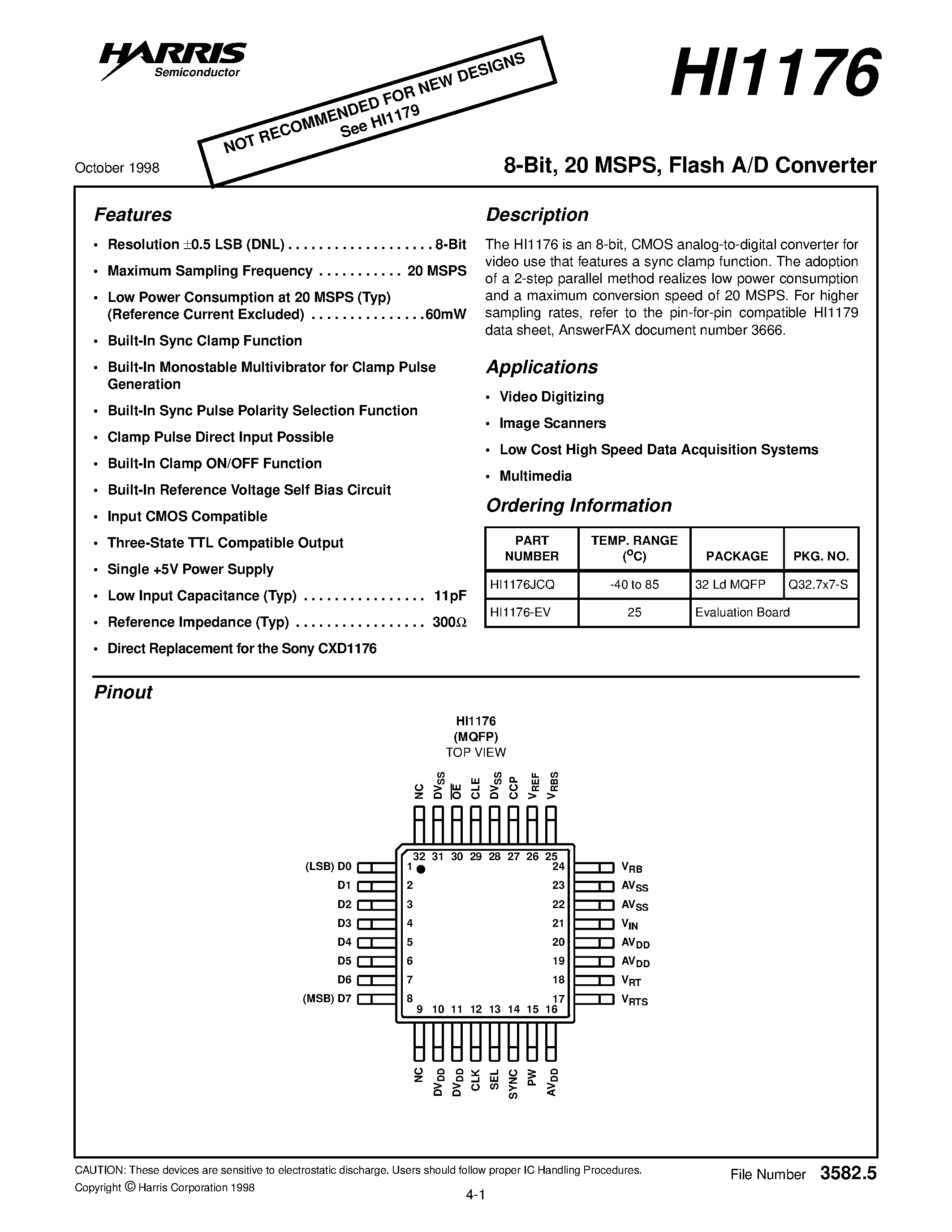 Даташит на микросхему HI1176 страница 1 Даташит HI1176 - Flash A/D Converter страница 1