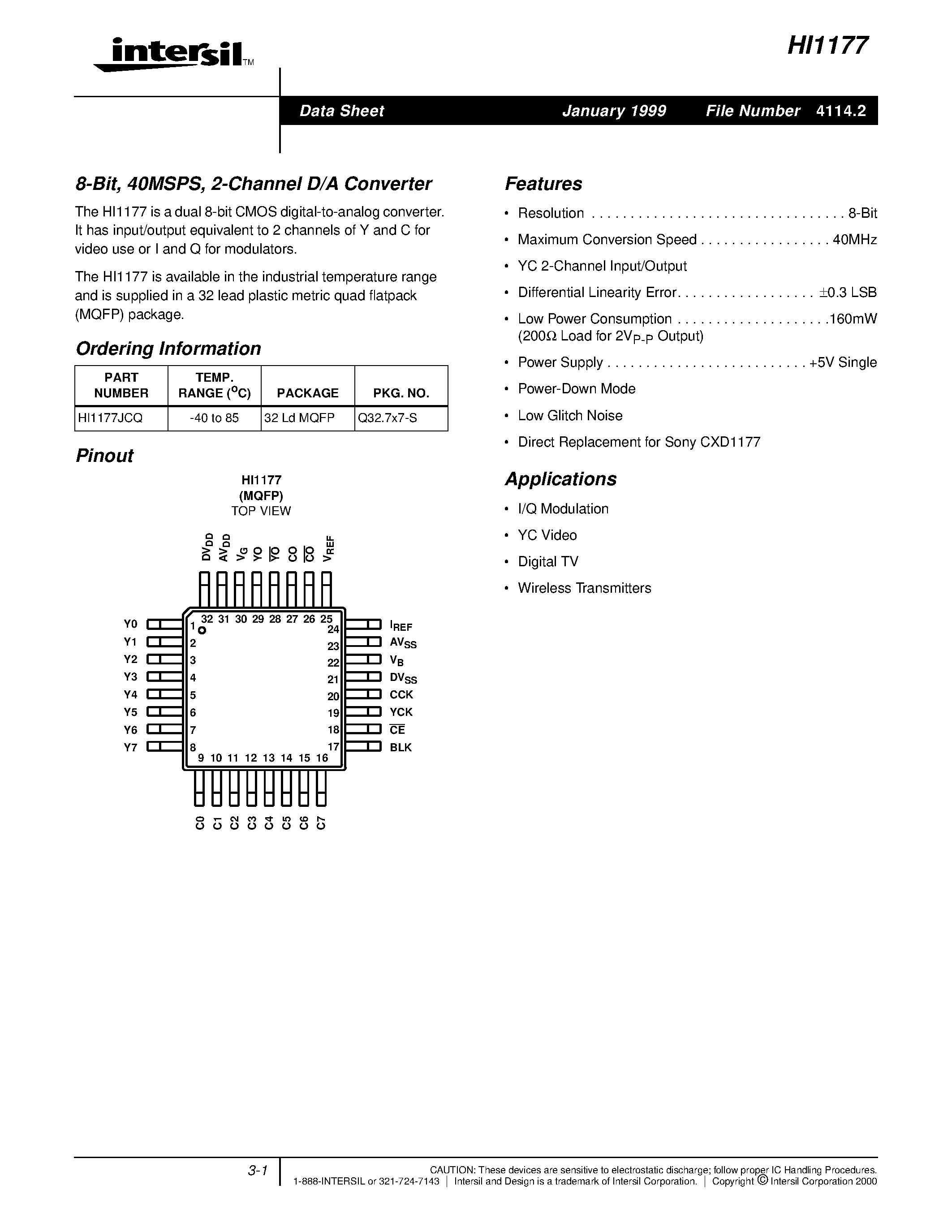 Даташит HI1177 - 2-Channel D/A Converter страница 1