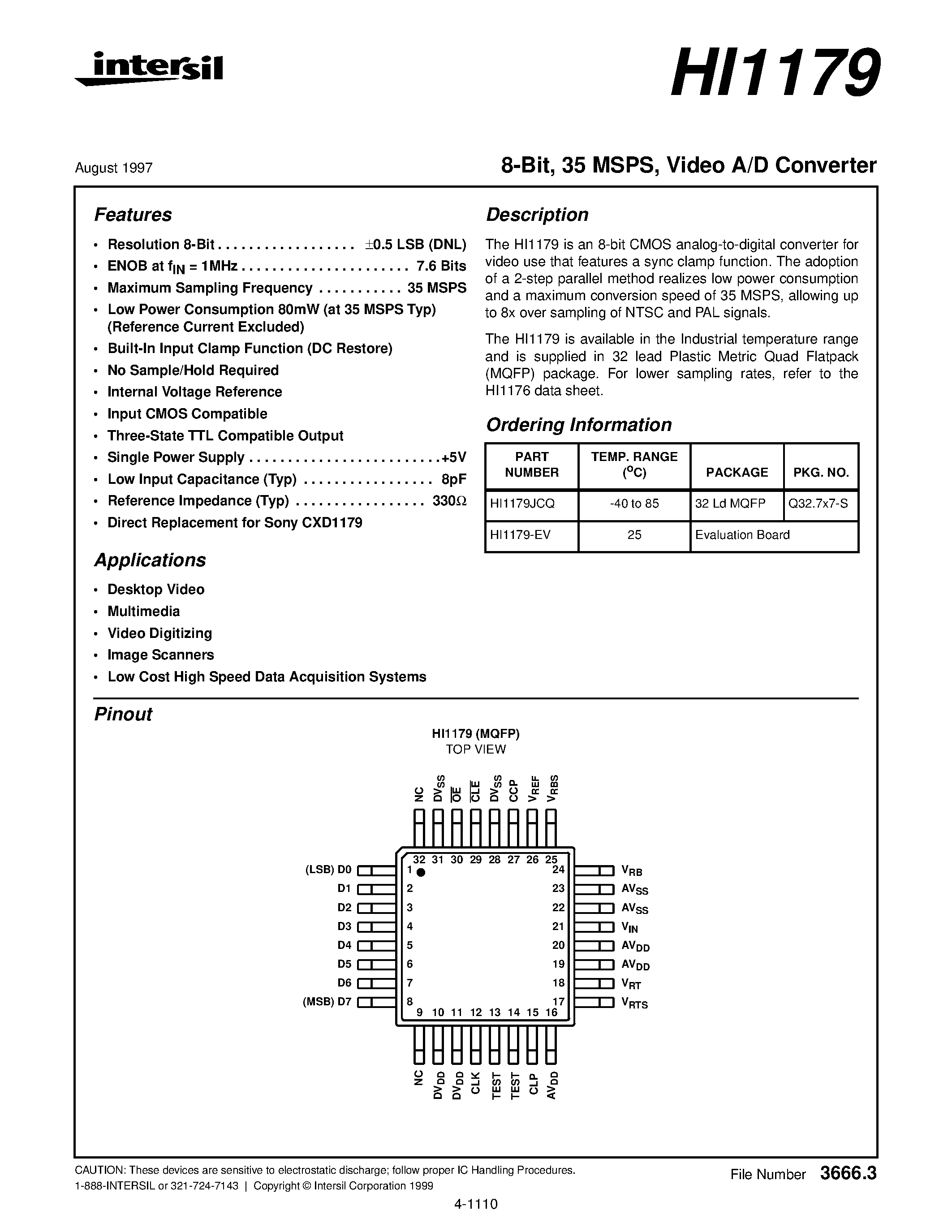 Даташит HI1179 - Video A/D Converter страница 1