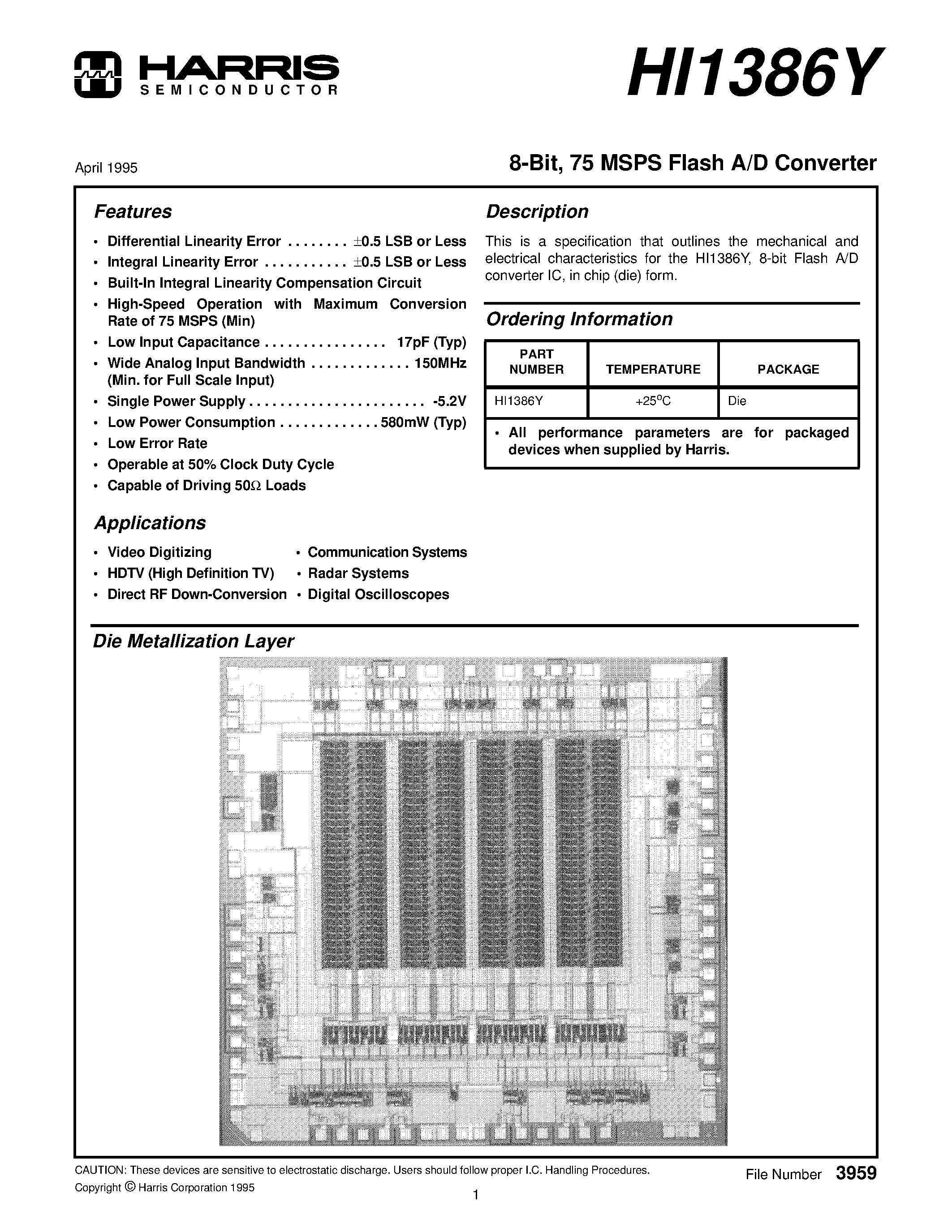 Даташит на микросхему HI1386Y страница 1 Даташит HI1386Y - 75 MSPS Flash A/D Converter страница 1