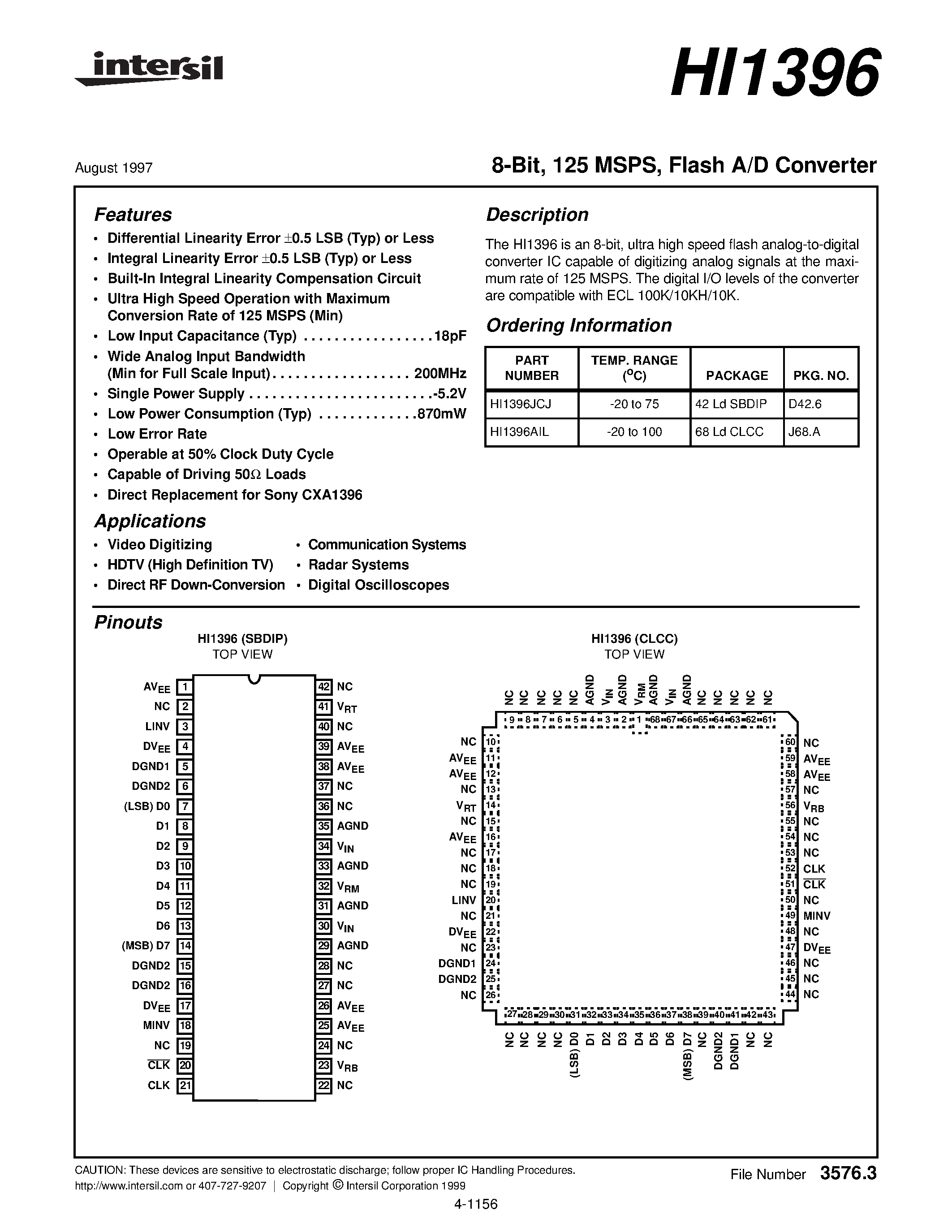 Даташит HI1396 - Flash A/D Converter страница 1