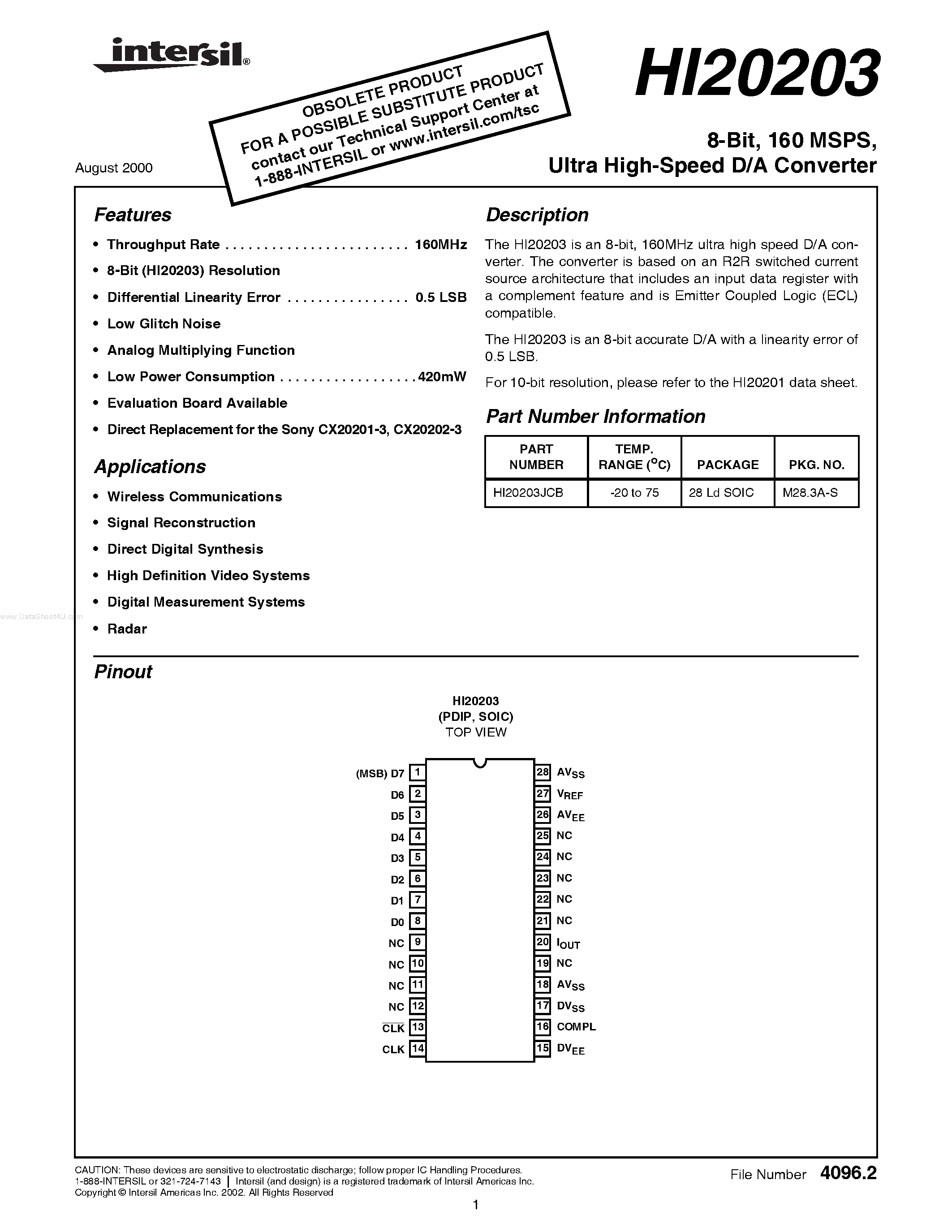 Даташит HI20203 - Ultra High-Speed D/A Converter страница 1