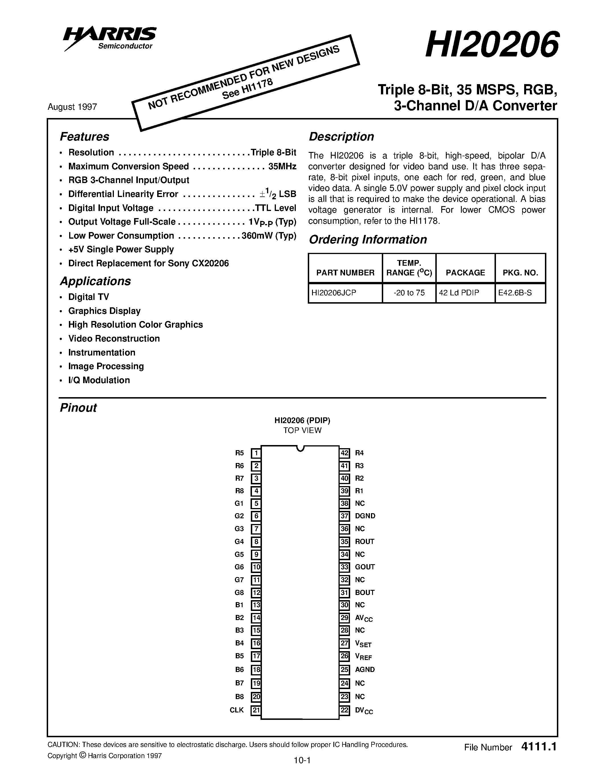 Даташит на микросхему HI20206 страница 1 Даташит HI20206 - 3-Channel D/A Converter страница 1