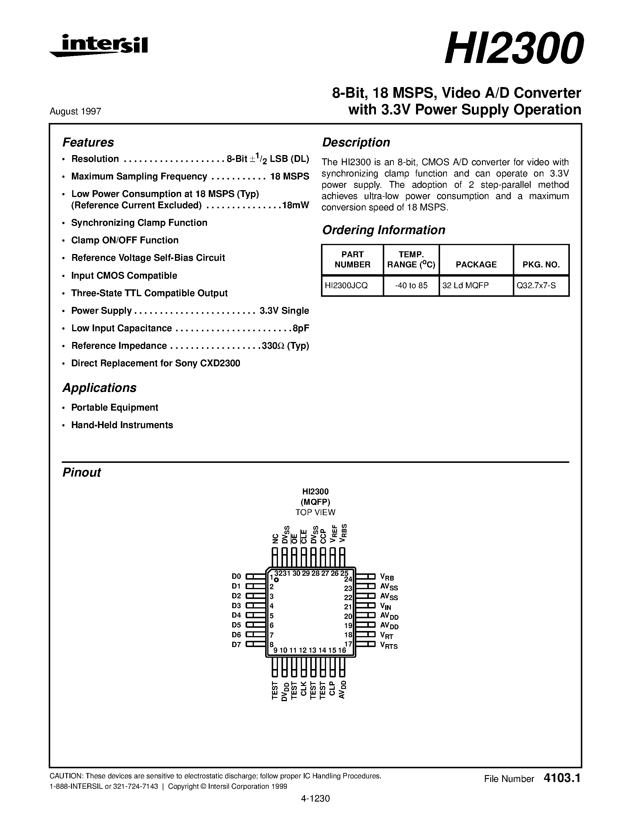 Даташит HI2300 - Video A/D Converter страница 1
